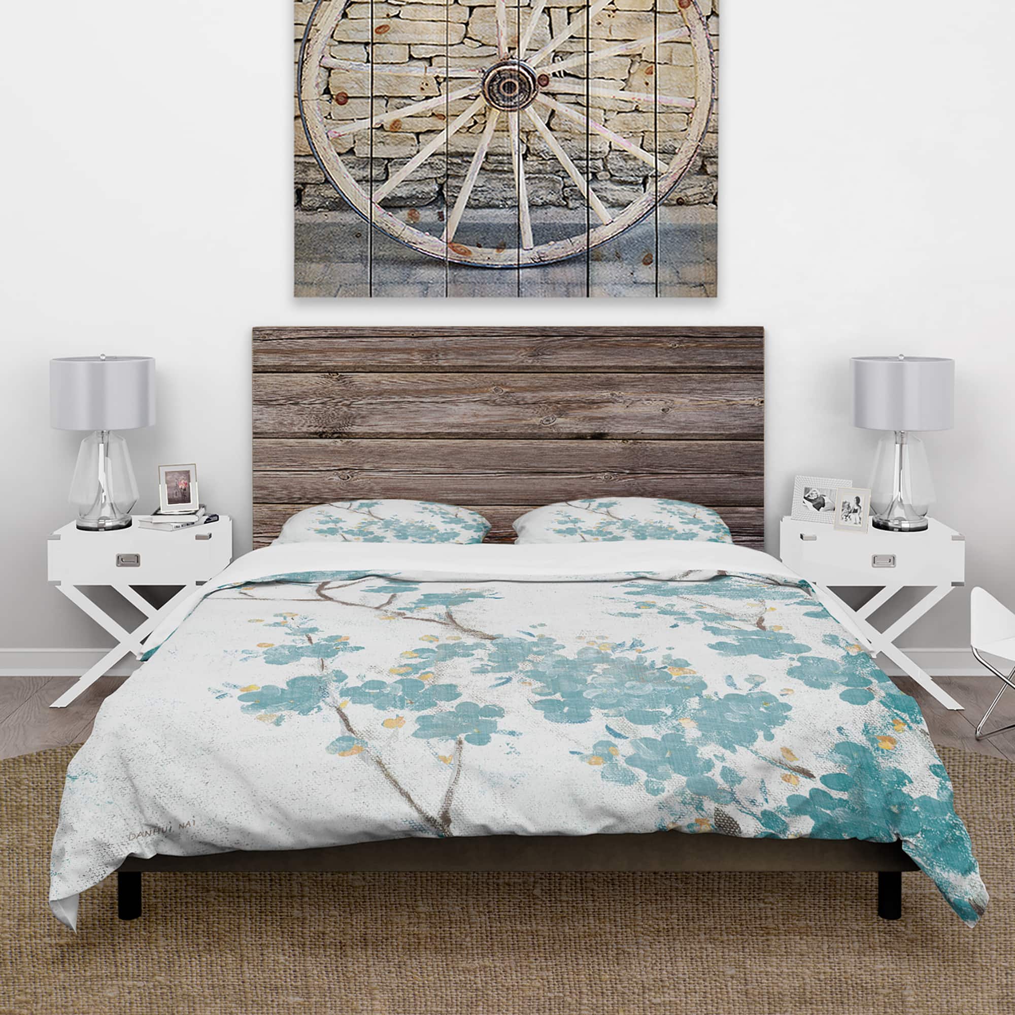 Designart &#x27;Teal Cherry Blossoms II&#x27; Farmhouse Bedding Set - Duvet Cover &#x26; Shams