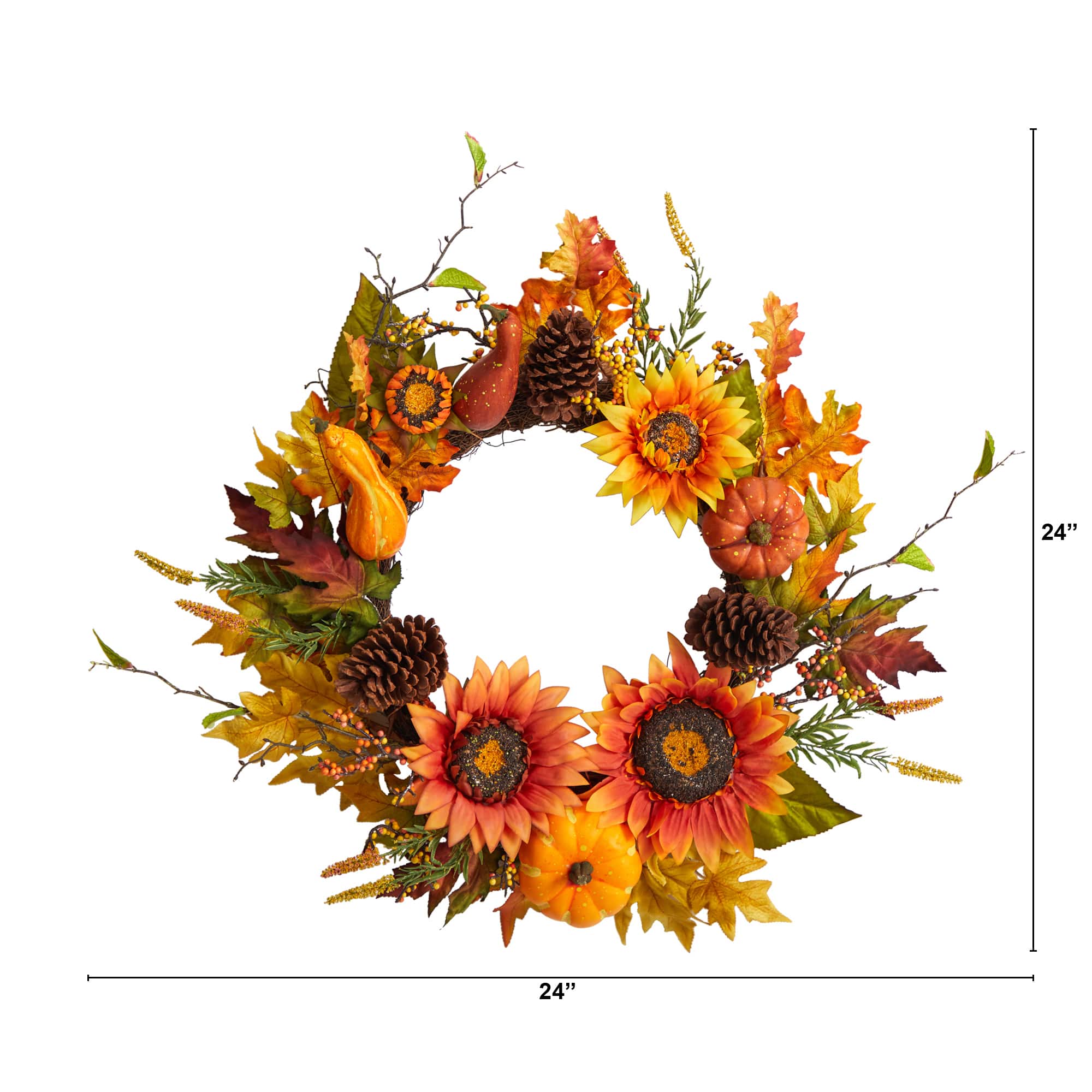 24" Sunflower, Pumpkin, Gourds, Pinecone & Berries Autumn Artificial Wreath