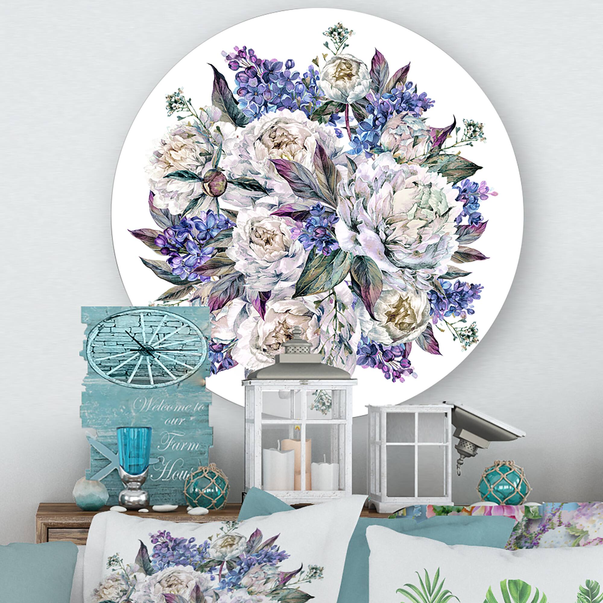 Designart - Bouquet Peonies In White and Blue - Traditional Metal Circle Wall Art
