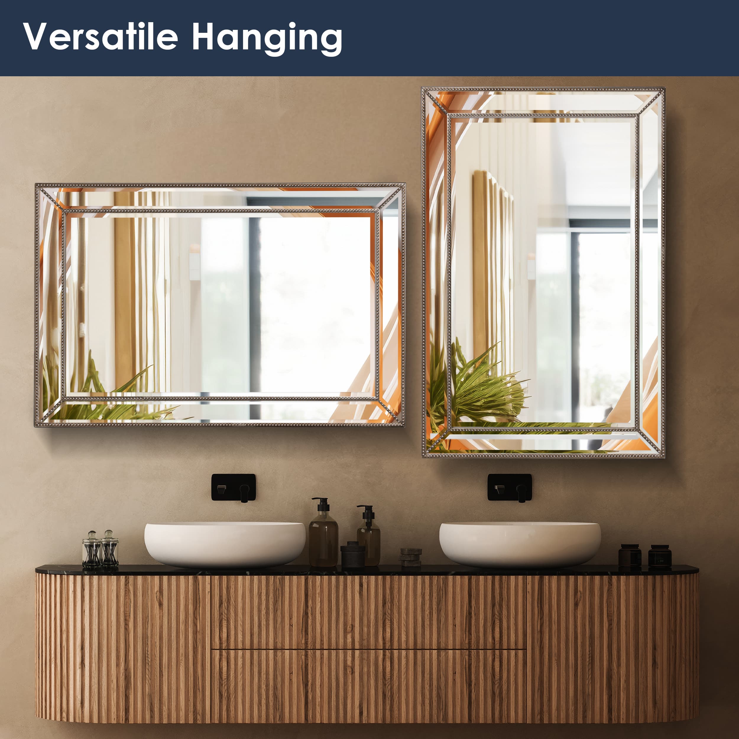 Silver Champagne Beaded Frame Accent Beveled Wall Mirror - 30" x 42"