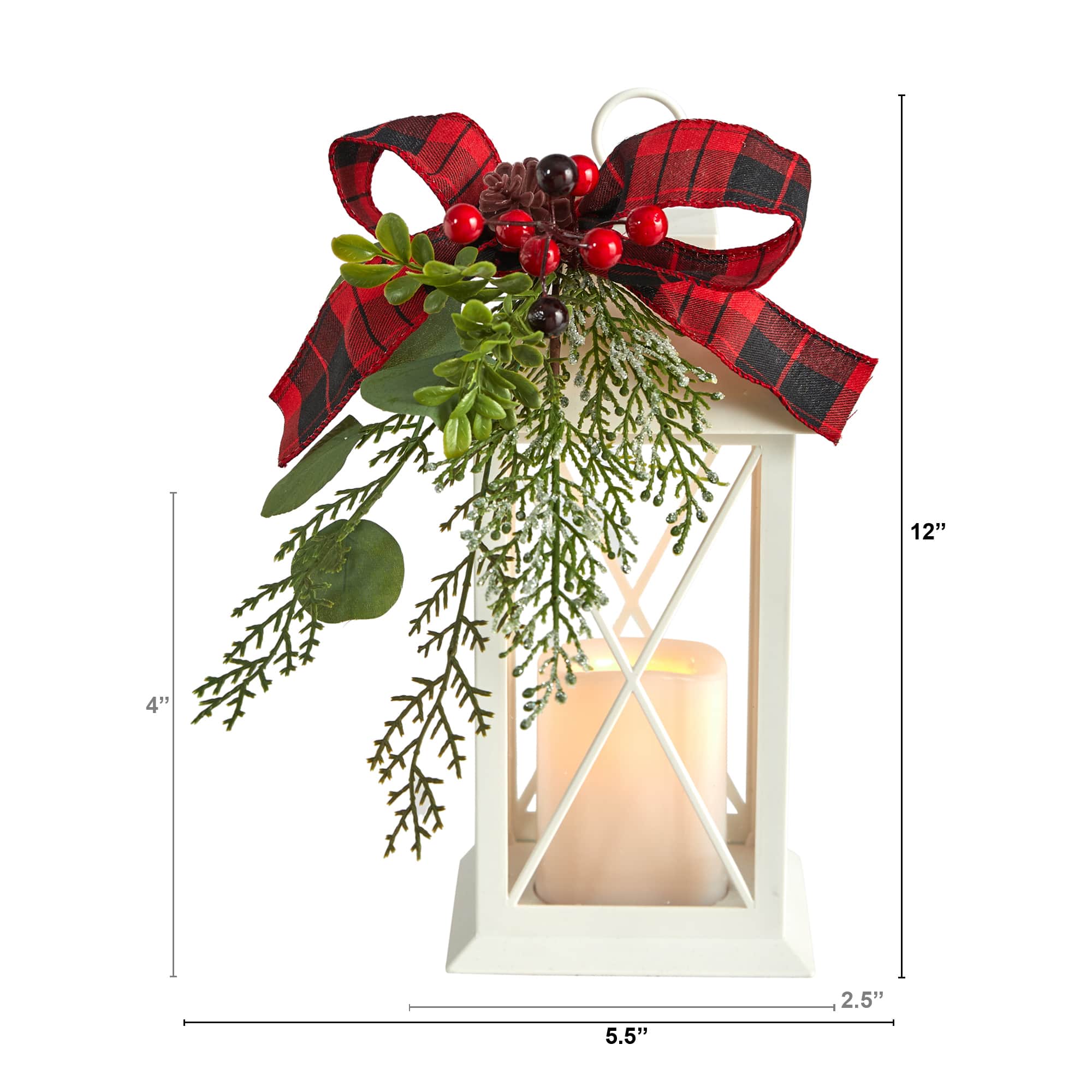 12" White Lantern with Berries, Pine & Plaid Bow Artificial Christmas Table Arrangement with LED Candle