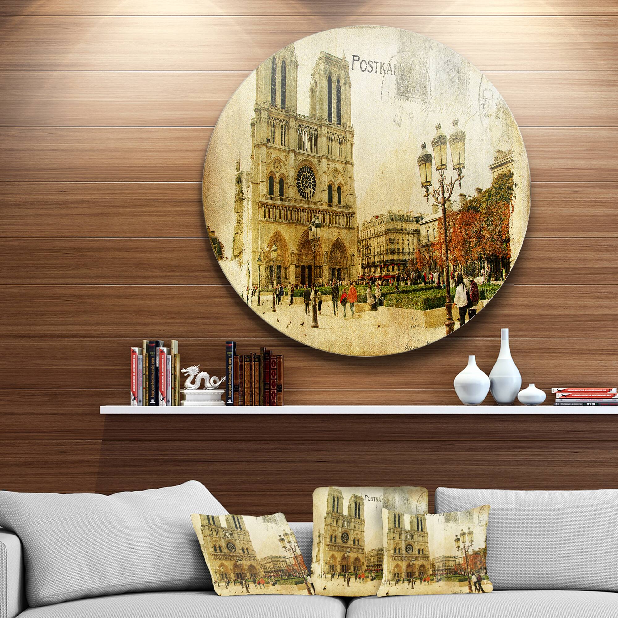 Designart - Notre Dame Cathedral Vintage Card&#x27; Disc Contemporary Circle Metal Wall Art