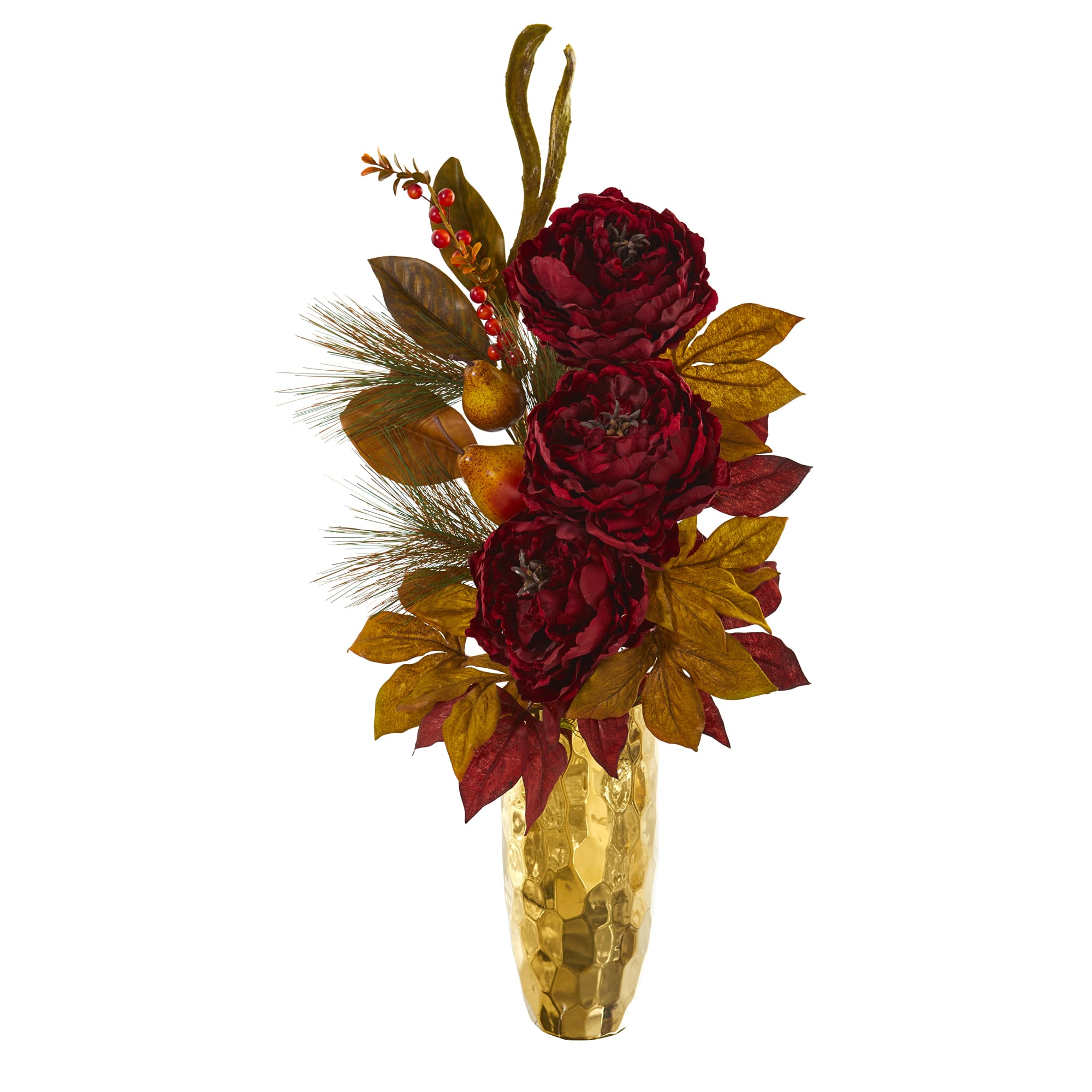 2.5ft. Red Peony, Pear &#x26; Magnolia Leaf Arrangement in Gold Vase