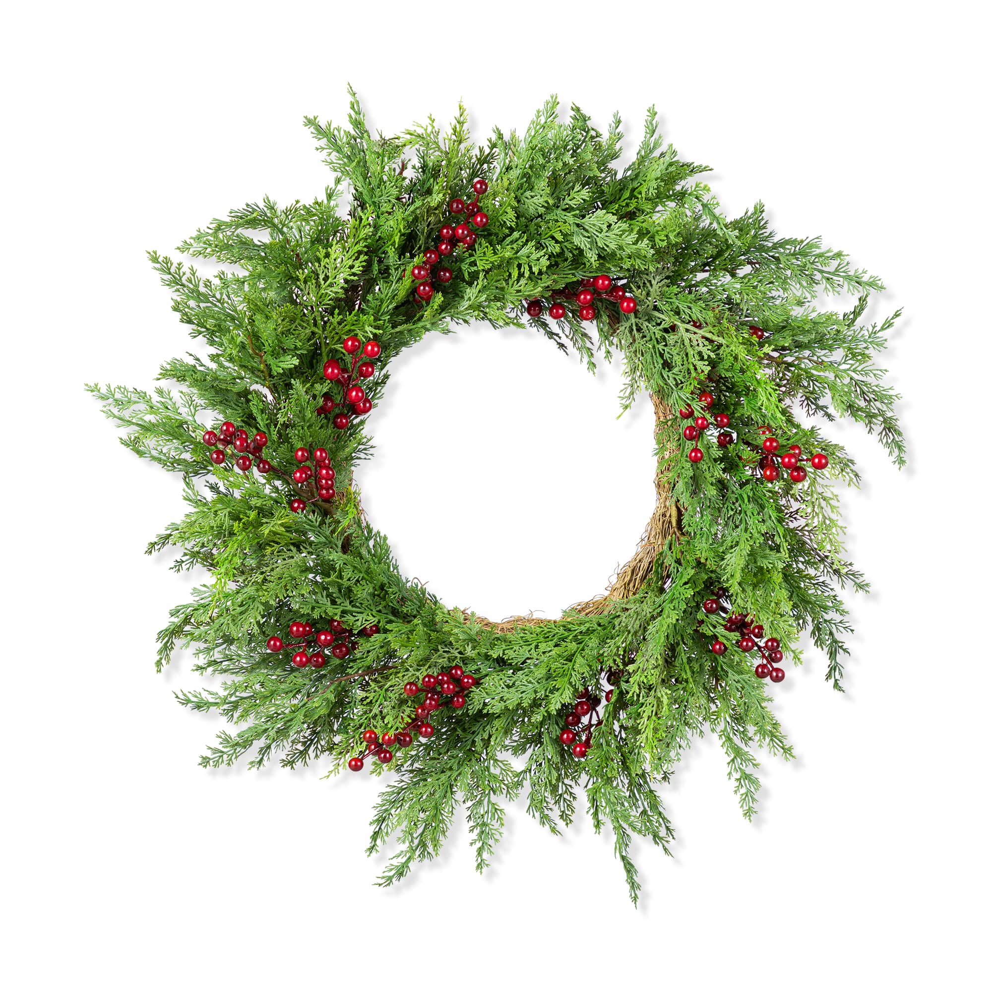 Glitzhome&#xAE; 24&#x22;D Christmas Greenery PE Cedar Wreath with Red Berries