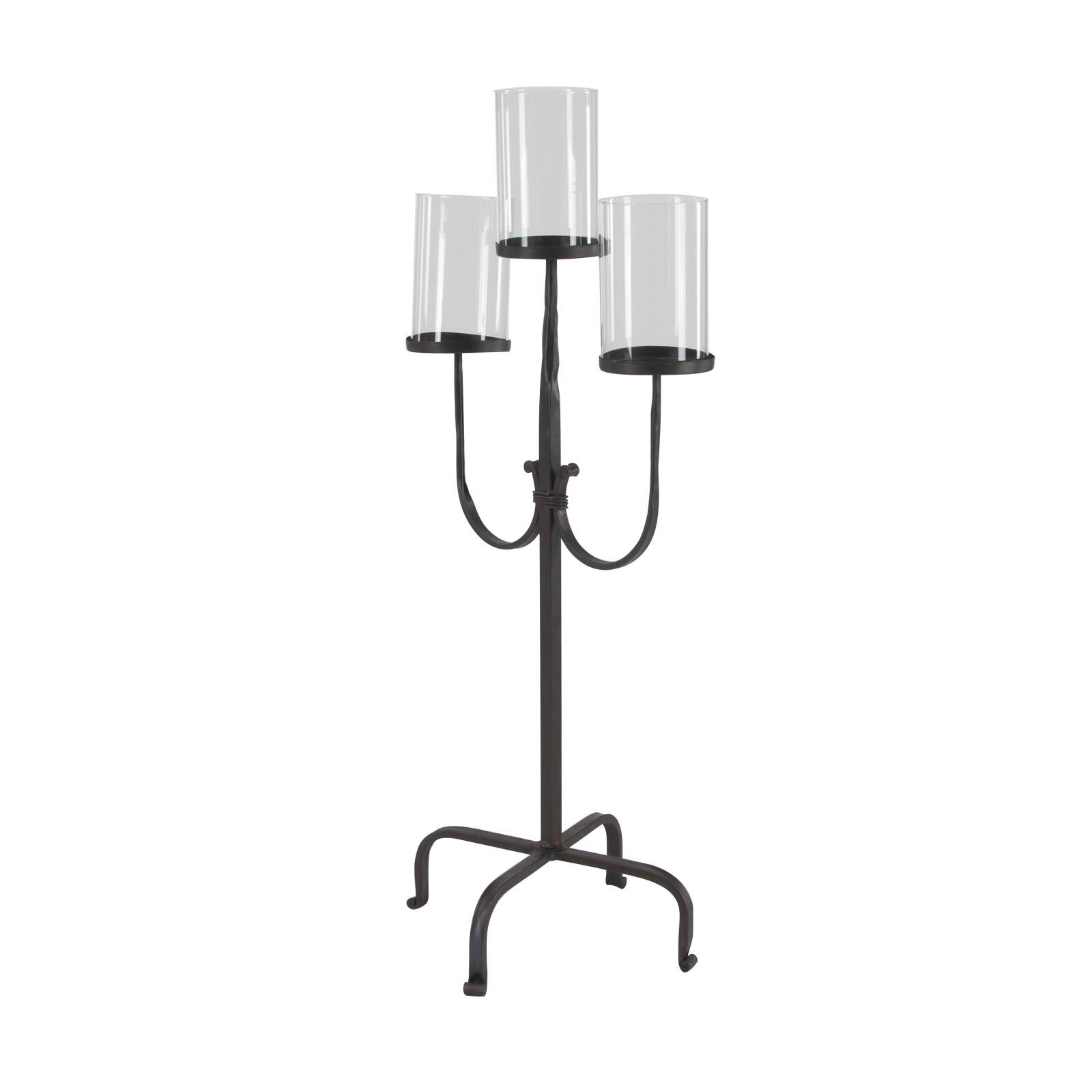 Traditional Black Metal and Glass 3-Light Candelabra, 28&#x22; x 15&#x22; x 12&#x22;