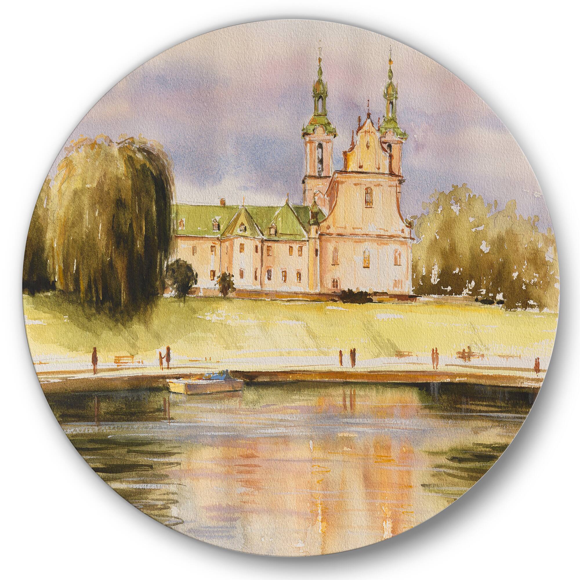 Designart - Historic Church On The Rock On Banks of The River - Lake House Metal Circle Wall Art