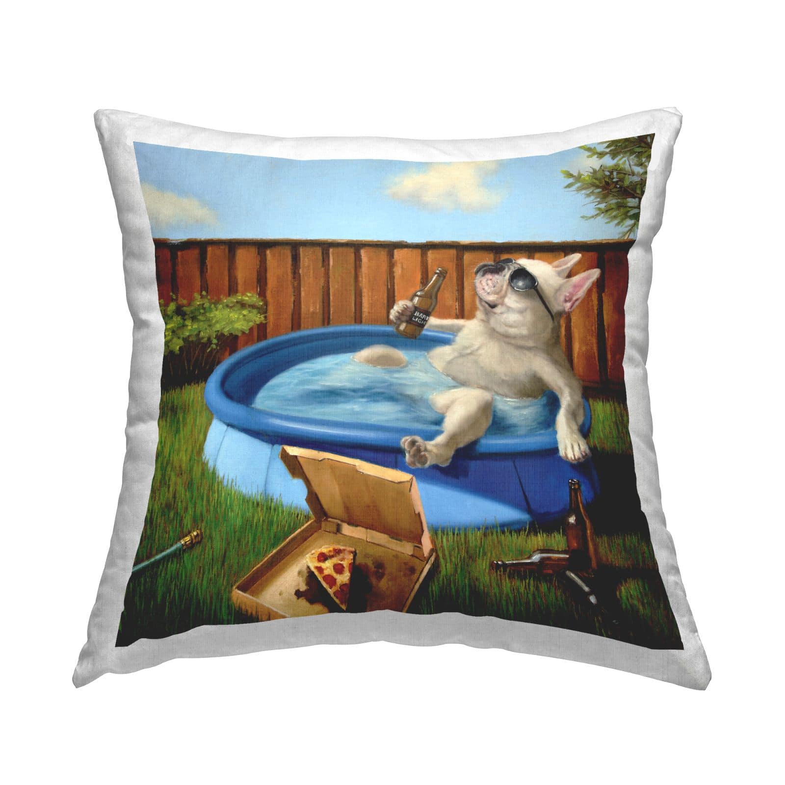 Stupell Industries French Bulldog Relaxing Summer Pool Beverage Throw Pillow, 18" x 18"