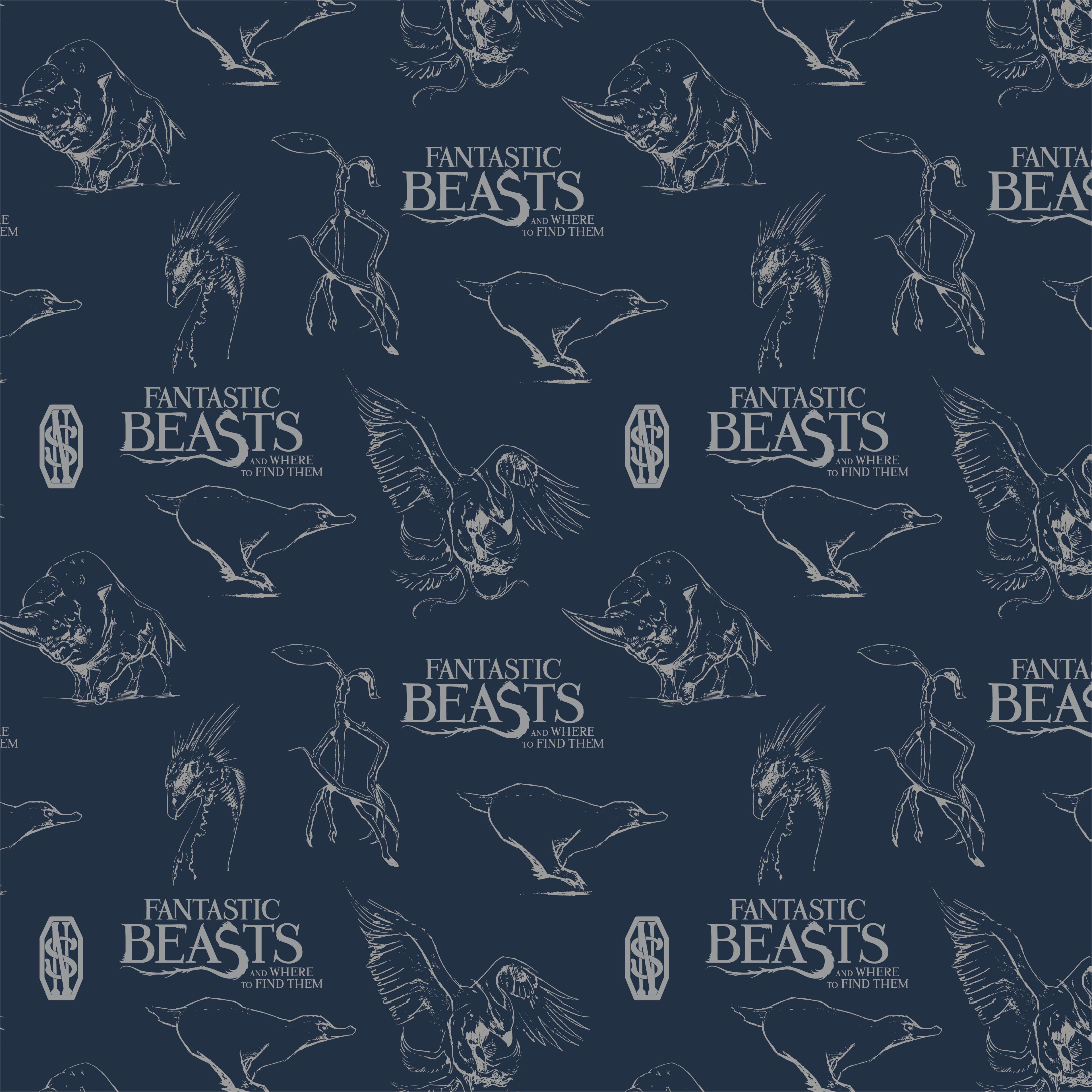 Harry Potter&#x2122; Metallic Fantastic Beasts Logo &#x26; Creatures on Navy Cotton Fabric