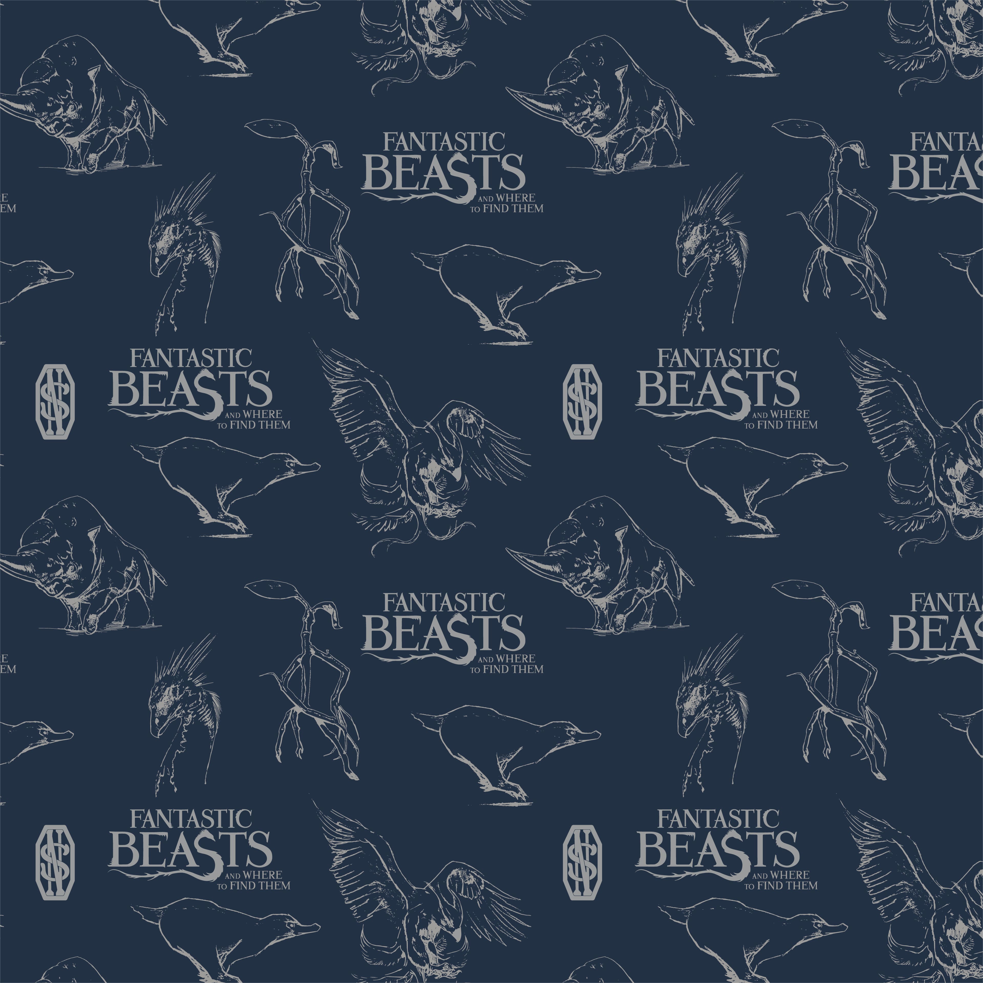 Harry Potter&#x2122; Metallic Fantastic Beasts&#x2122; Logo &#x26; Creatures on Navy Cotton Fabric