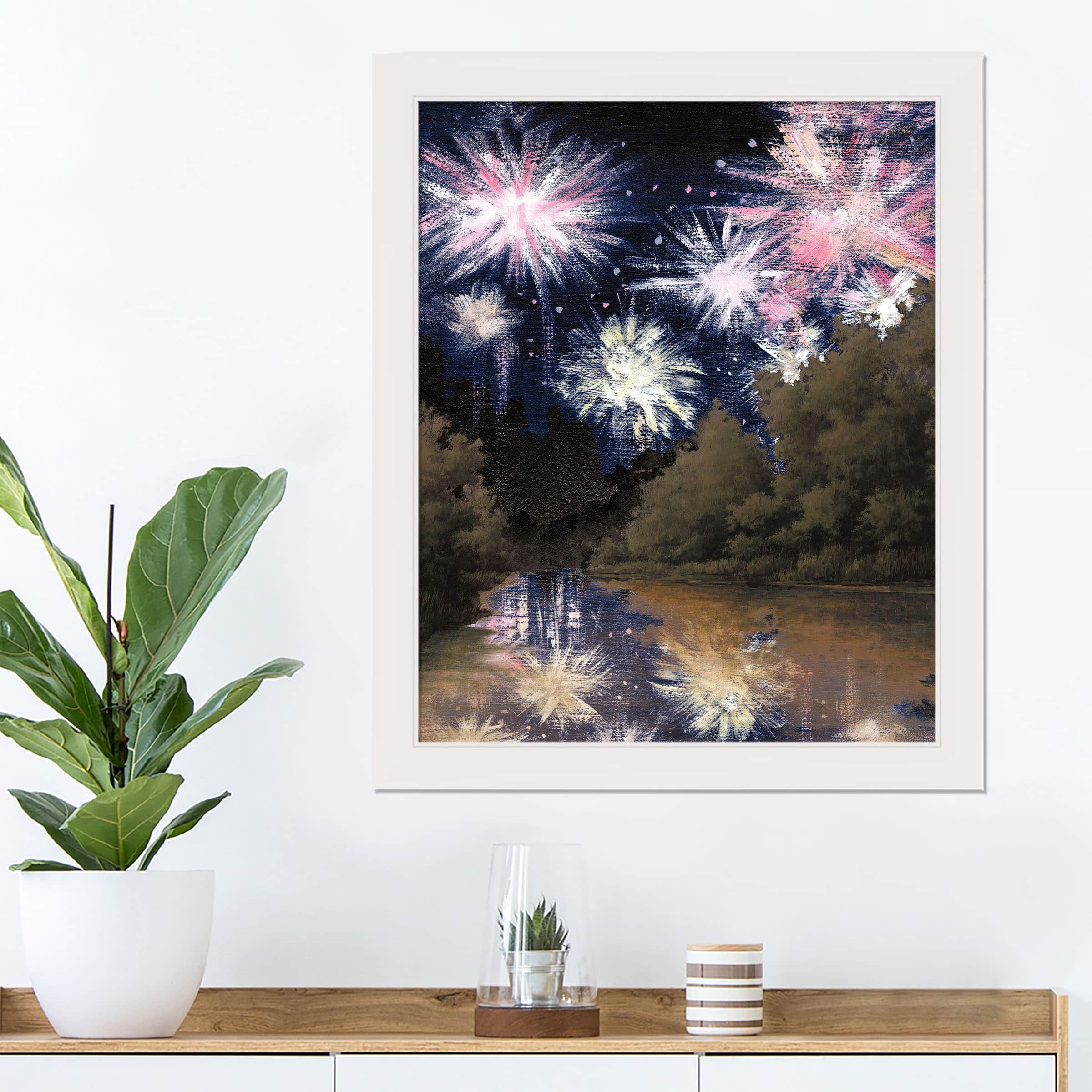 Fireworks Over The Trees White Framed Print Under Plexiglass