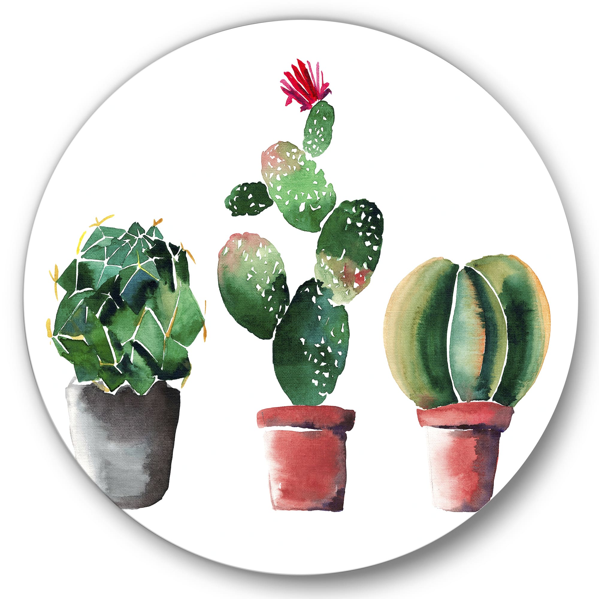 Designart - Three Cactus In Clay Pots - Traditional Metal Circle Wall Art