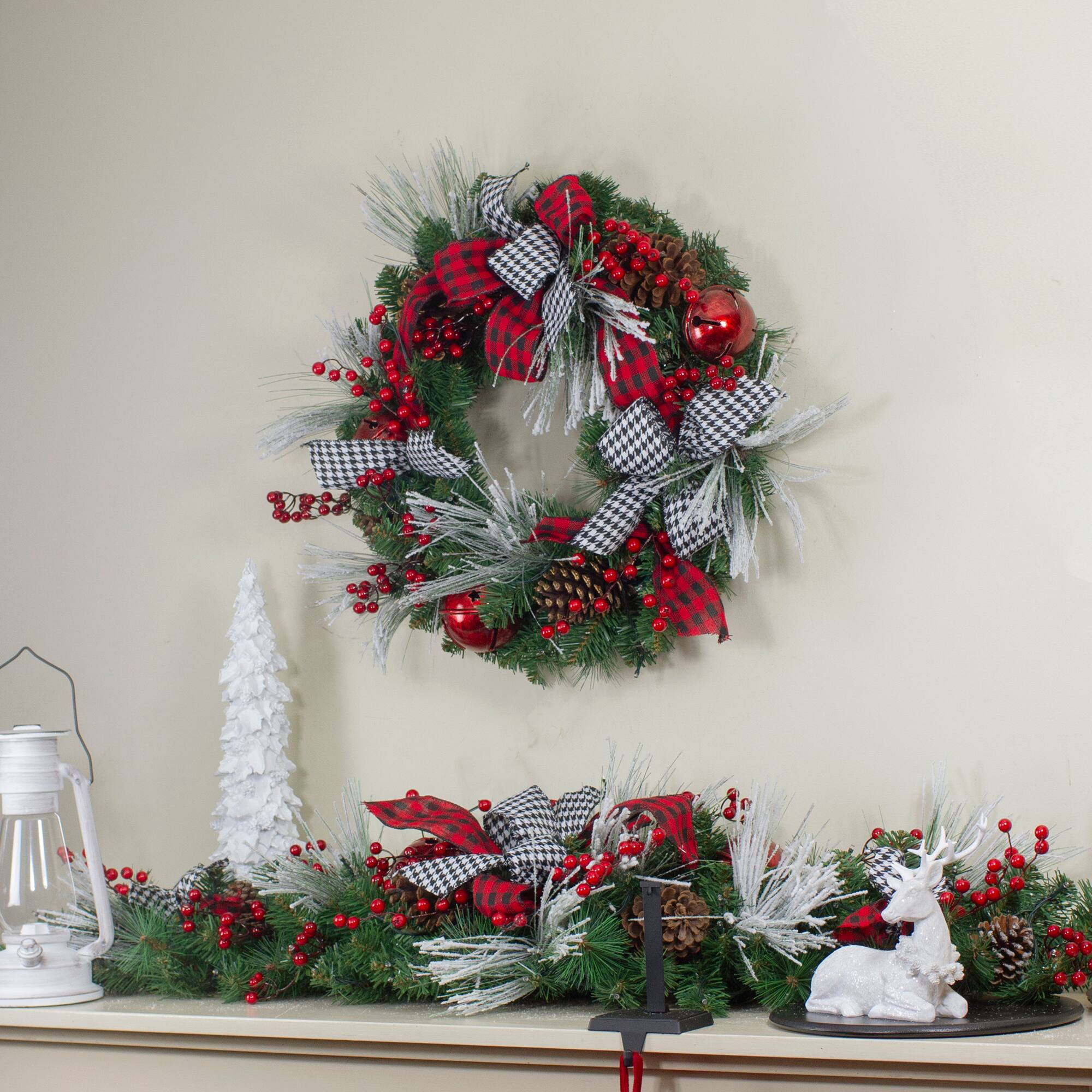 24&#x22; Plaid, Houndstooth &#x26; Red Berries Artificial Christmas Wreath