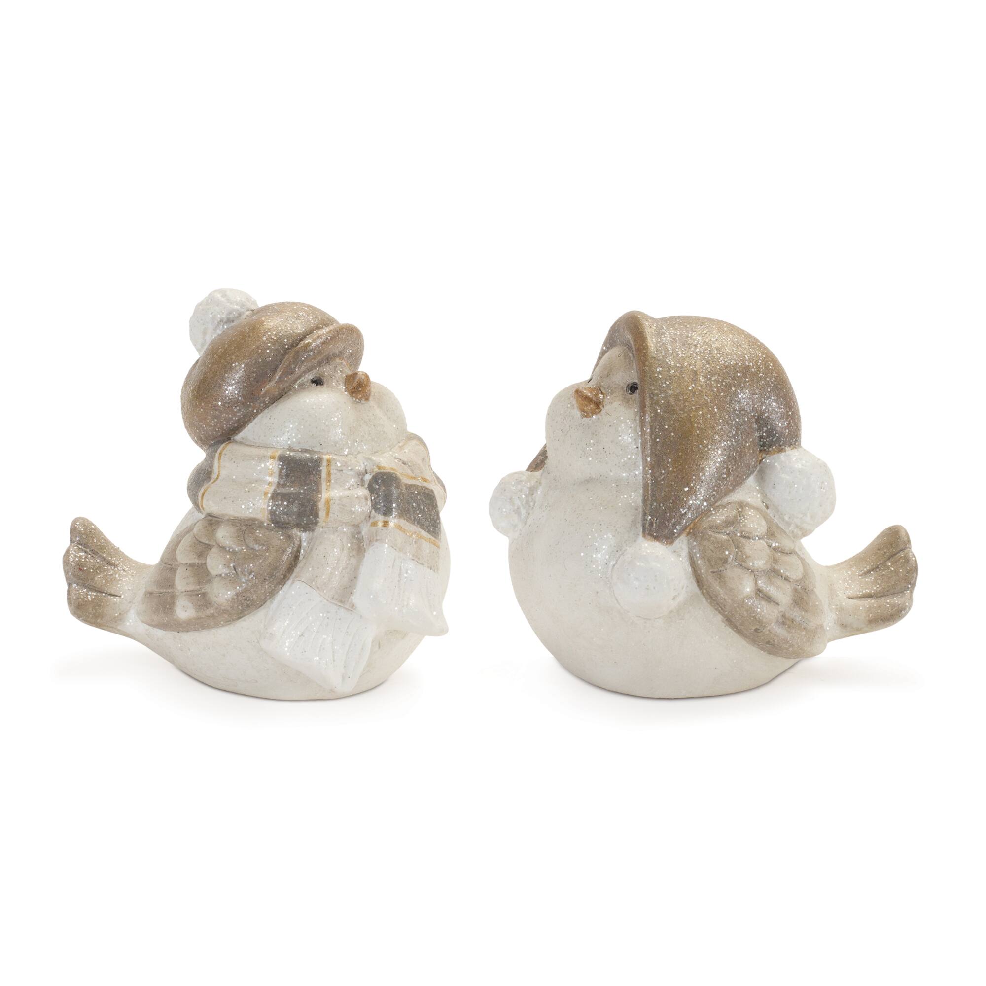 Glittered Winter Bird with Hat Figurines Set