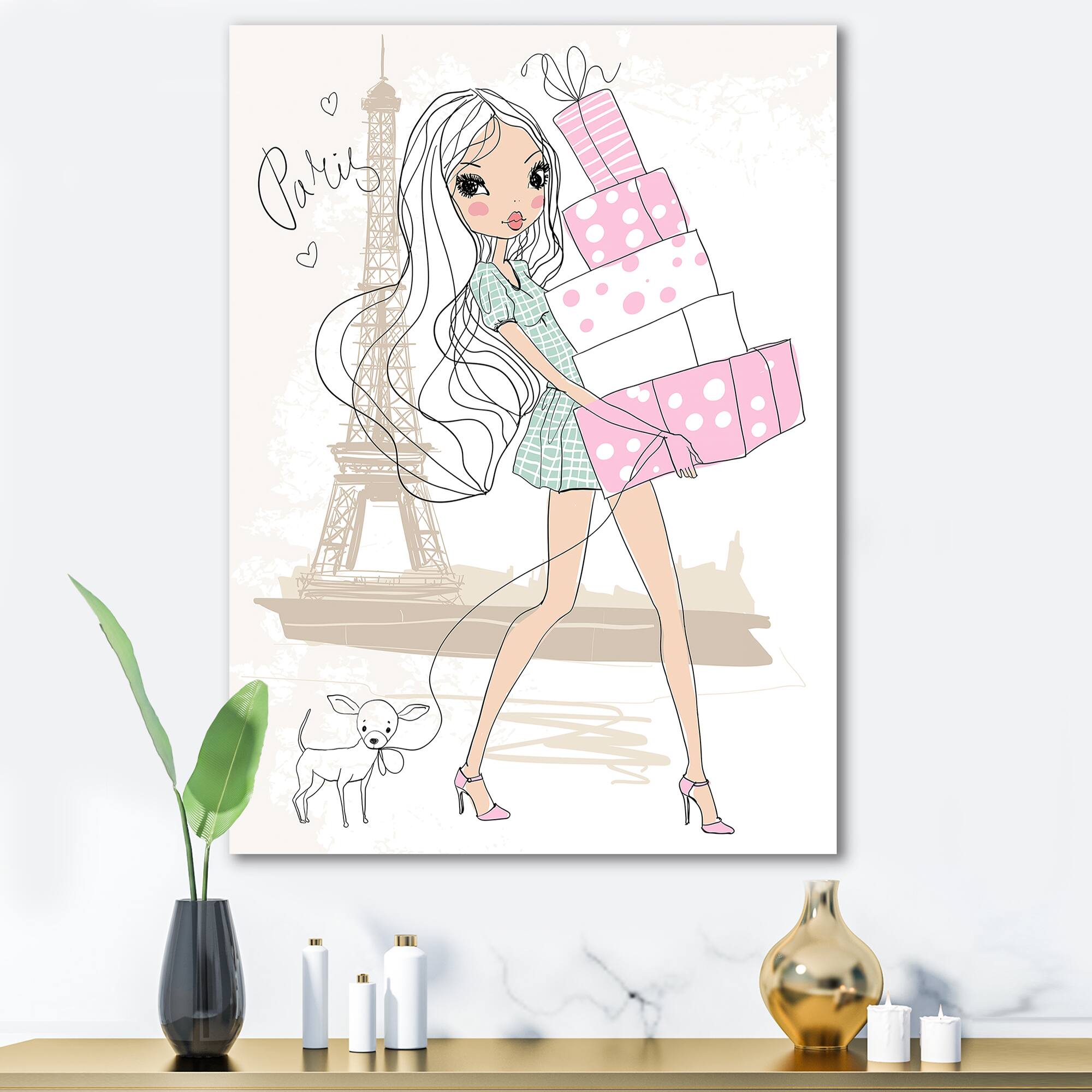 Designart - Young Girl With Shopping Boxes In Paris - Shabby Chic Canvas Wall Art Print