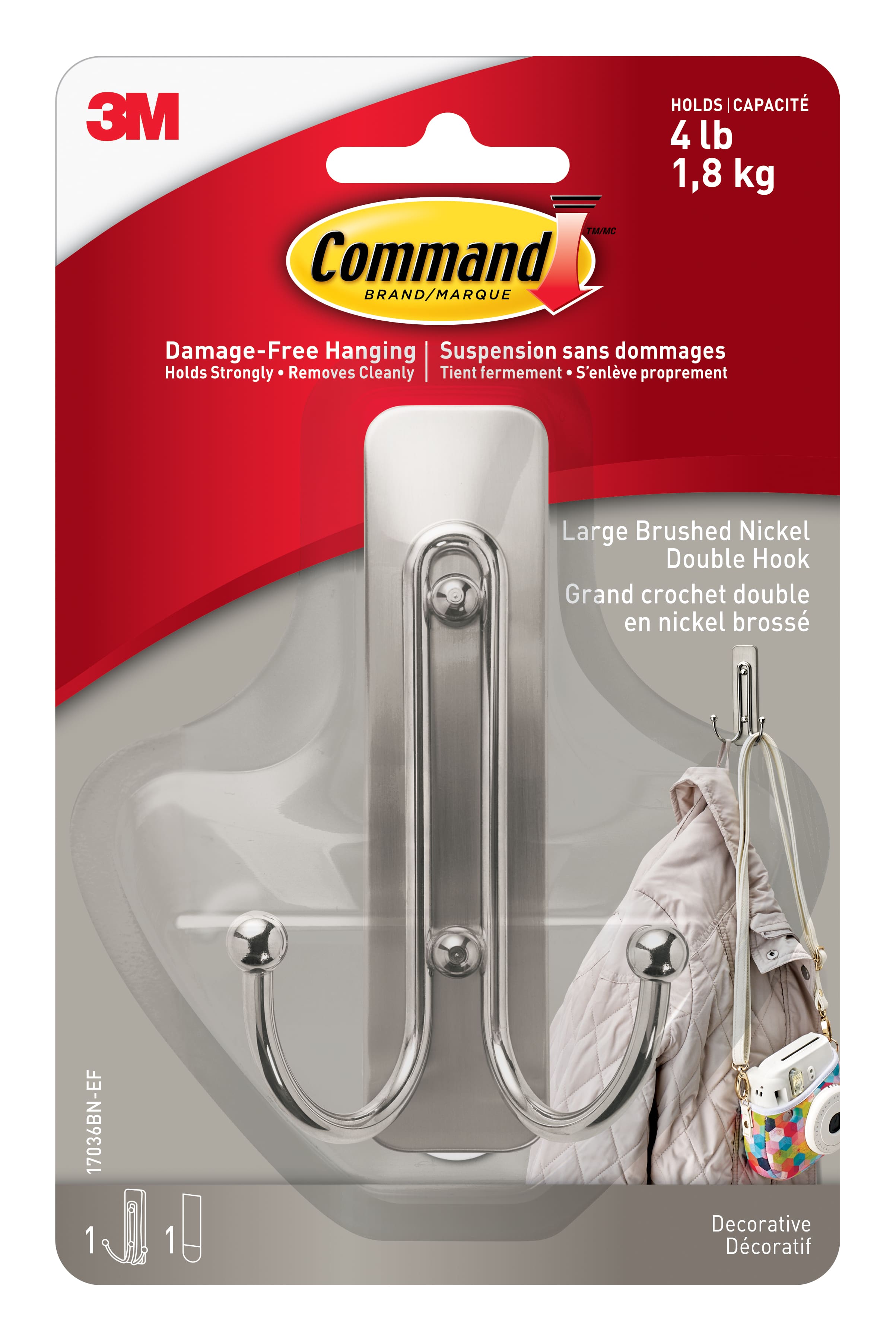 Command® Double Hook 17036BN-EF, Brushed Nickel, Large, 1 Hook/1 Strip/Pack