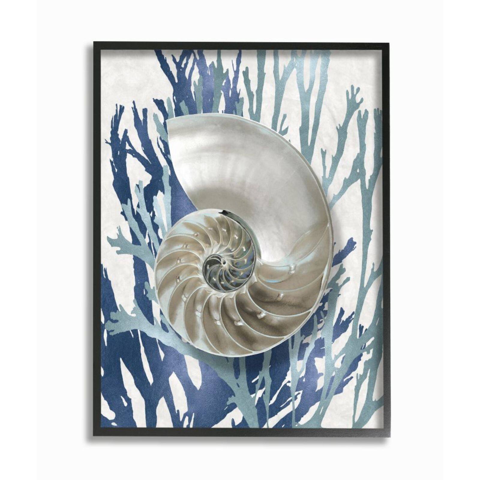 Stupell Industries Shell Coral Beach Blue Design Framed Wall Art