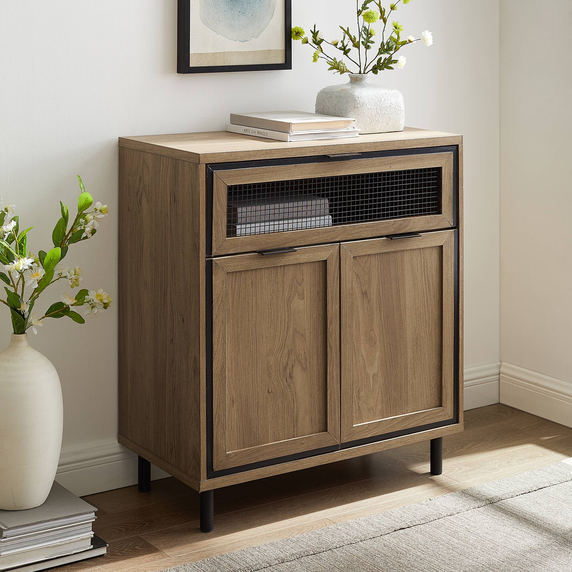 Walker Edison English Oak Mesh Metal Accent Cabinet