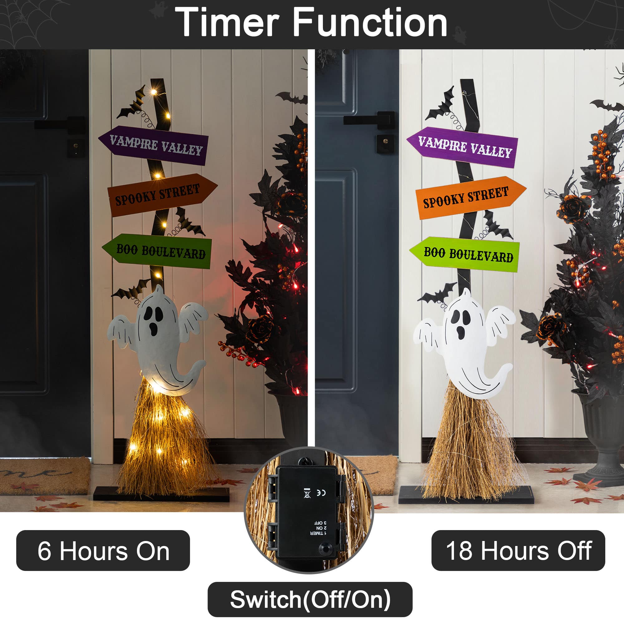 Glitzhome&#xAE; 41.75&#x22;H Lighted Halloween Wooden Ghost&#x27;s Broom Porch Decor