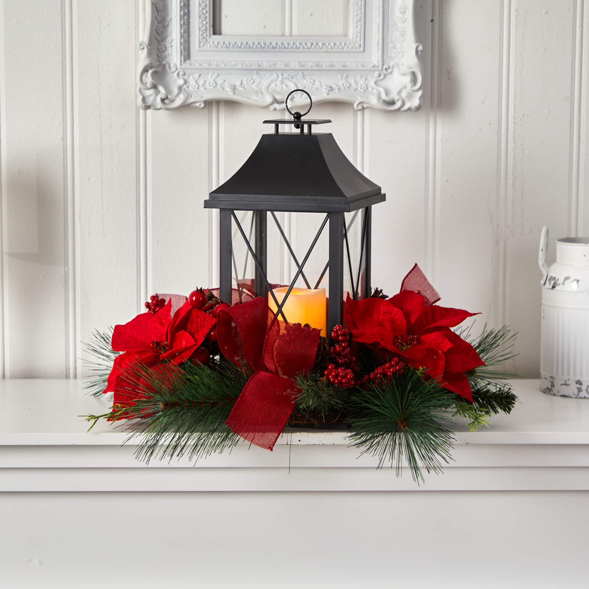 15&#x22; Red Poinsettia, Pinecone &#x26; Greenery Lantern with LED Candle Artificial Christmas Arrangement