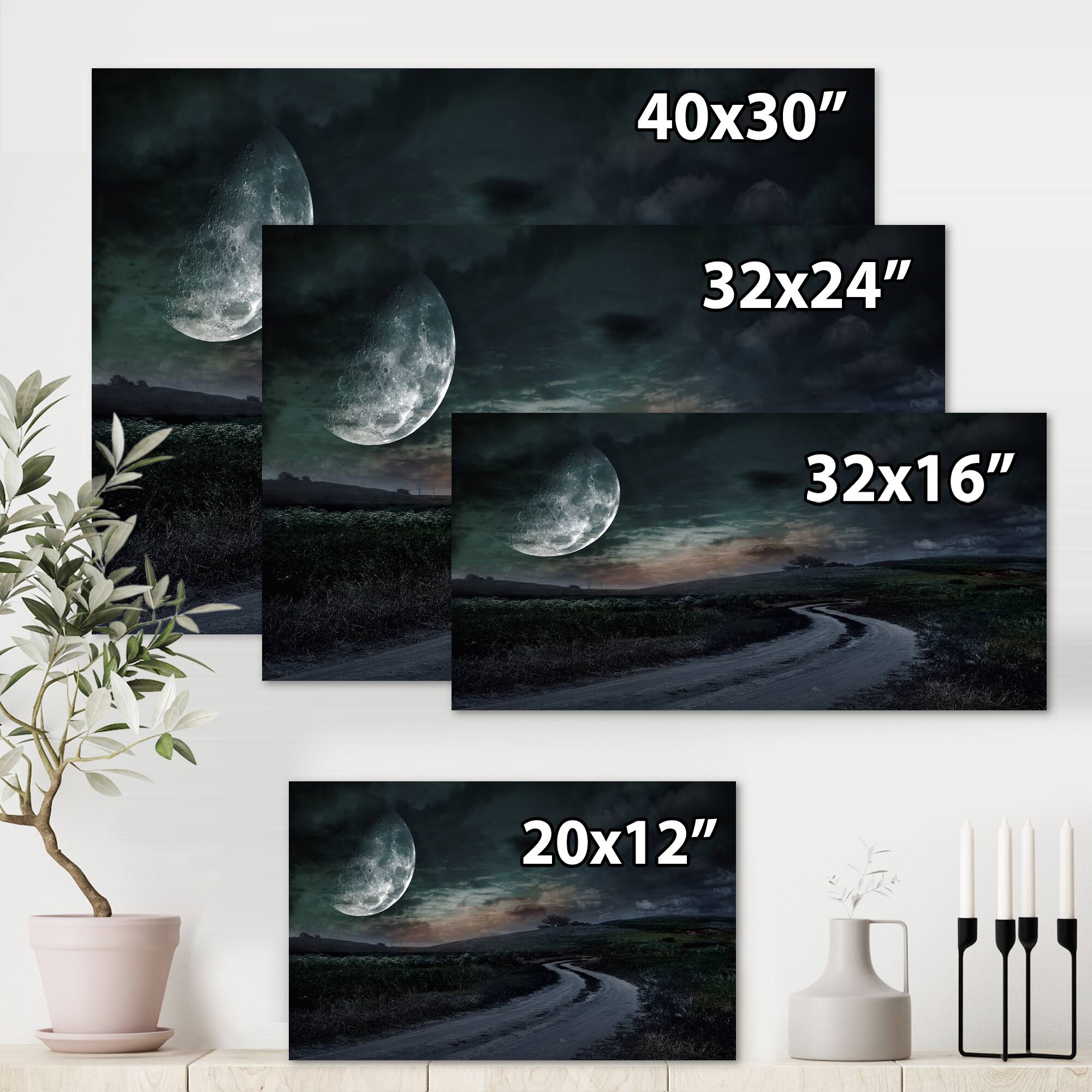 Designart - Rural Road Through The Meadow Under Full Moon - Nautical &#x26; Coastal Canvas Wall Art Print