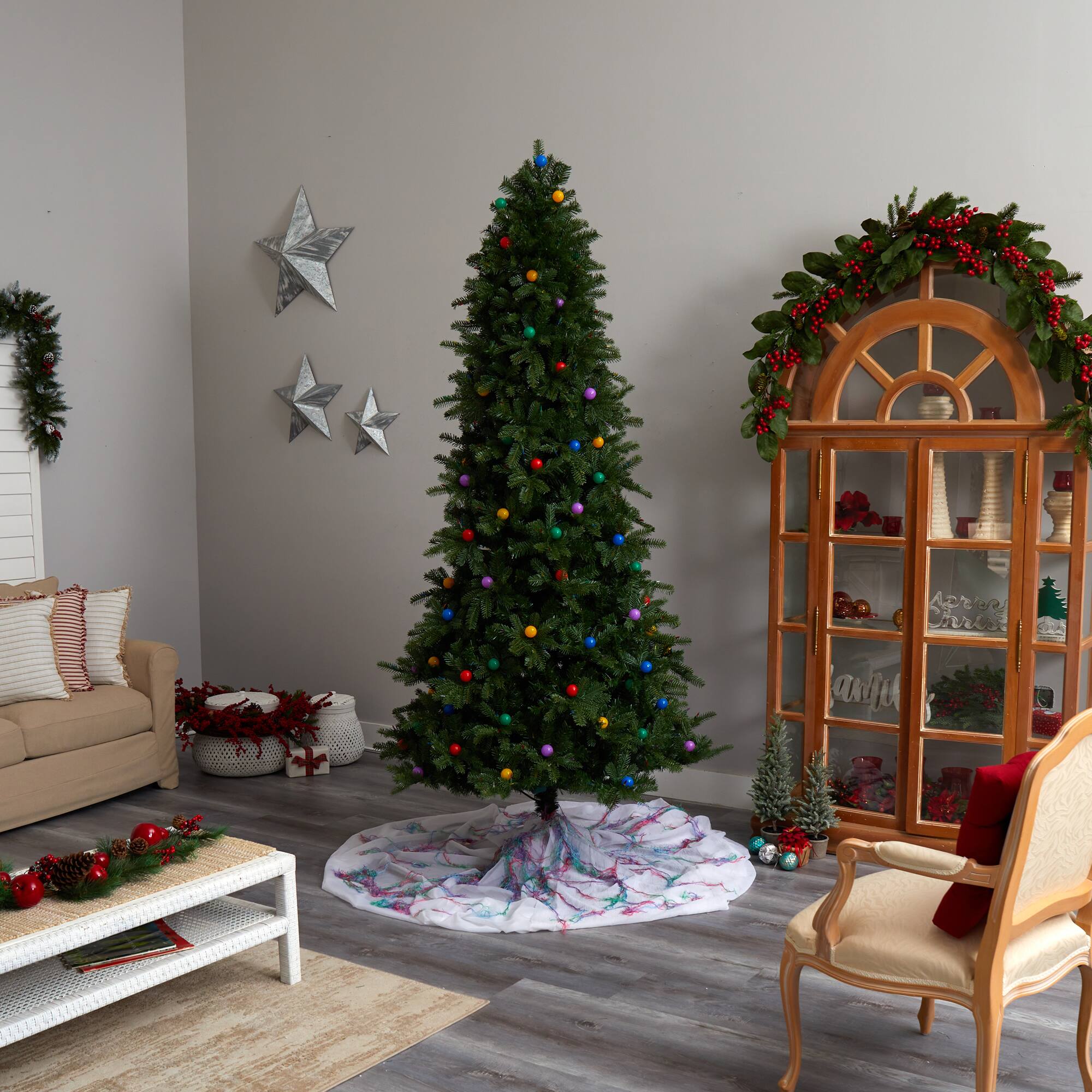 8.5ft. Pre-Lit Montana Mountain Fir Artificial Christmas Tree, Multicolor LED Lights & Globe Bulbs