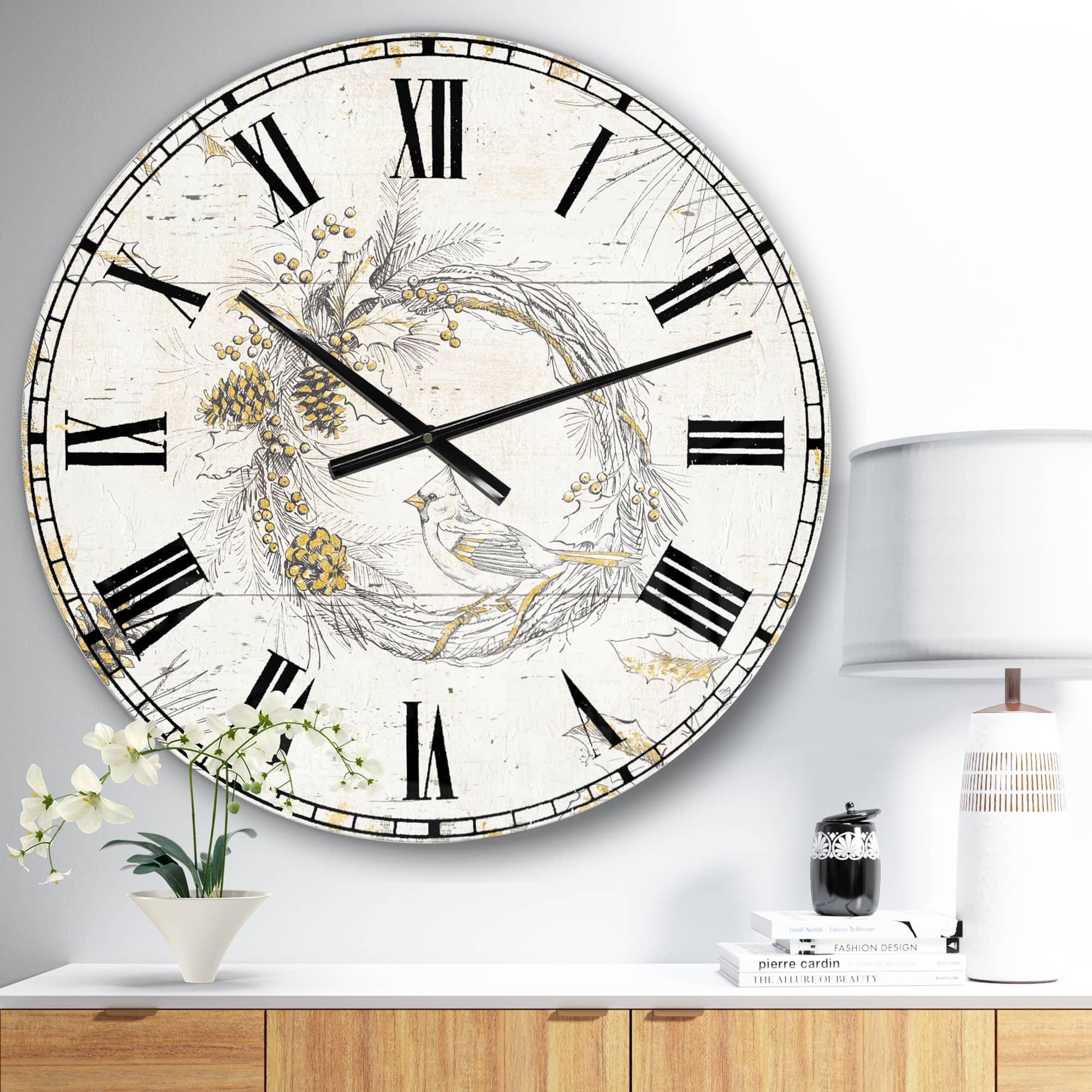 Designart &#x27;Gold Beautiful Cardinals Traditional Wall Clock