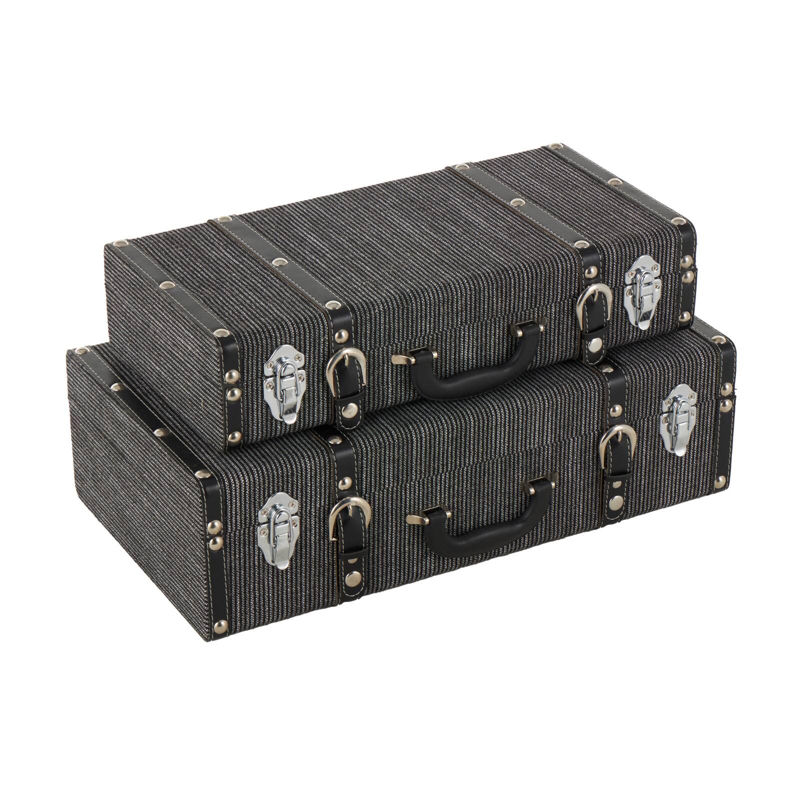 Black Fabric Woven Storage Decorative Trunk with Silver Latches &#x26; Buckles Set