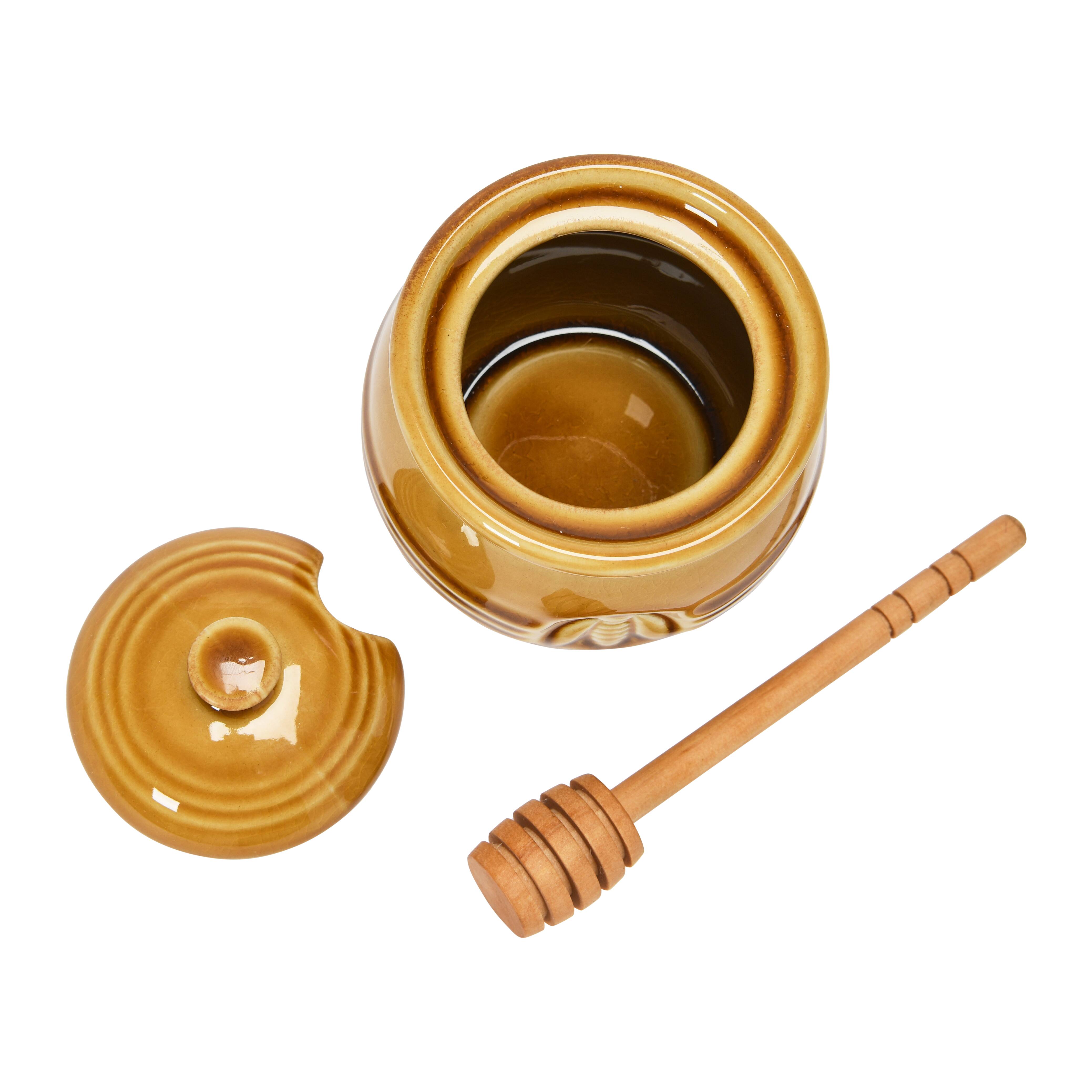 Hello Honey&#xAE; 4.3&#x22; Amber Orange Farmhouse Embossed Stoneware Honey Pot with Wood Honey Dipper