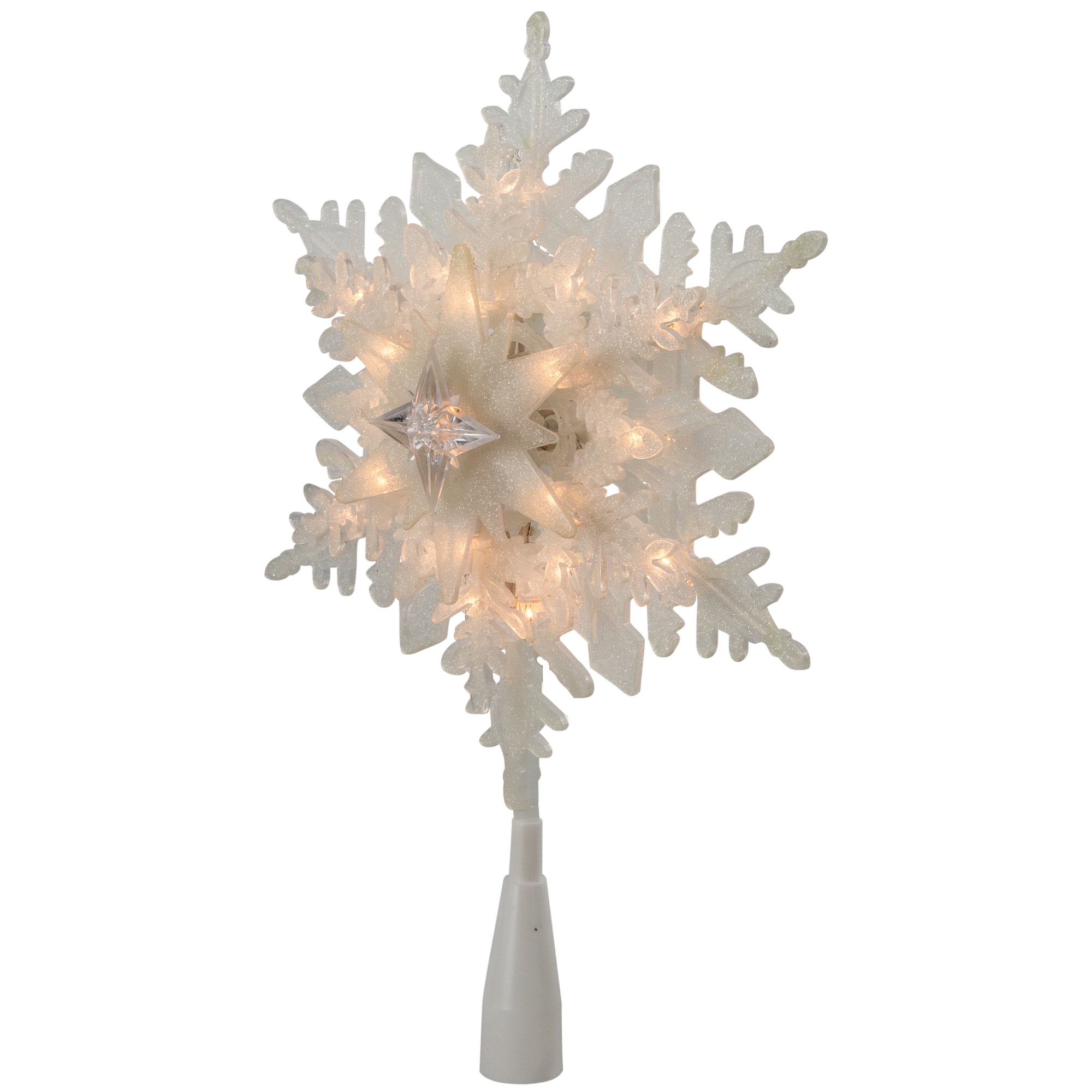 10" Lighted White Frosted Stacked Snowflake Christmas Tree Topper, Clear Lights
