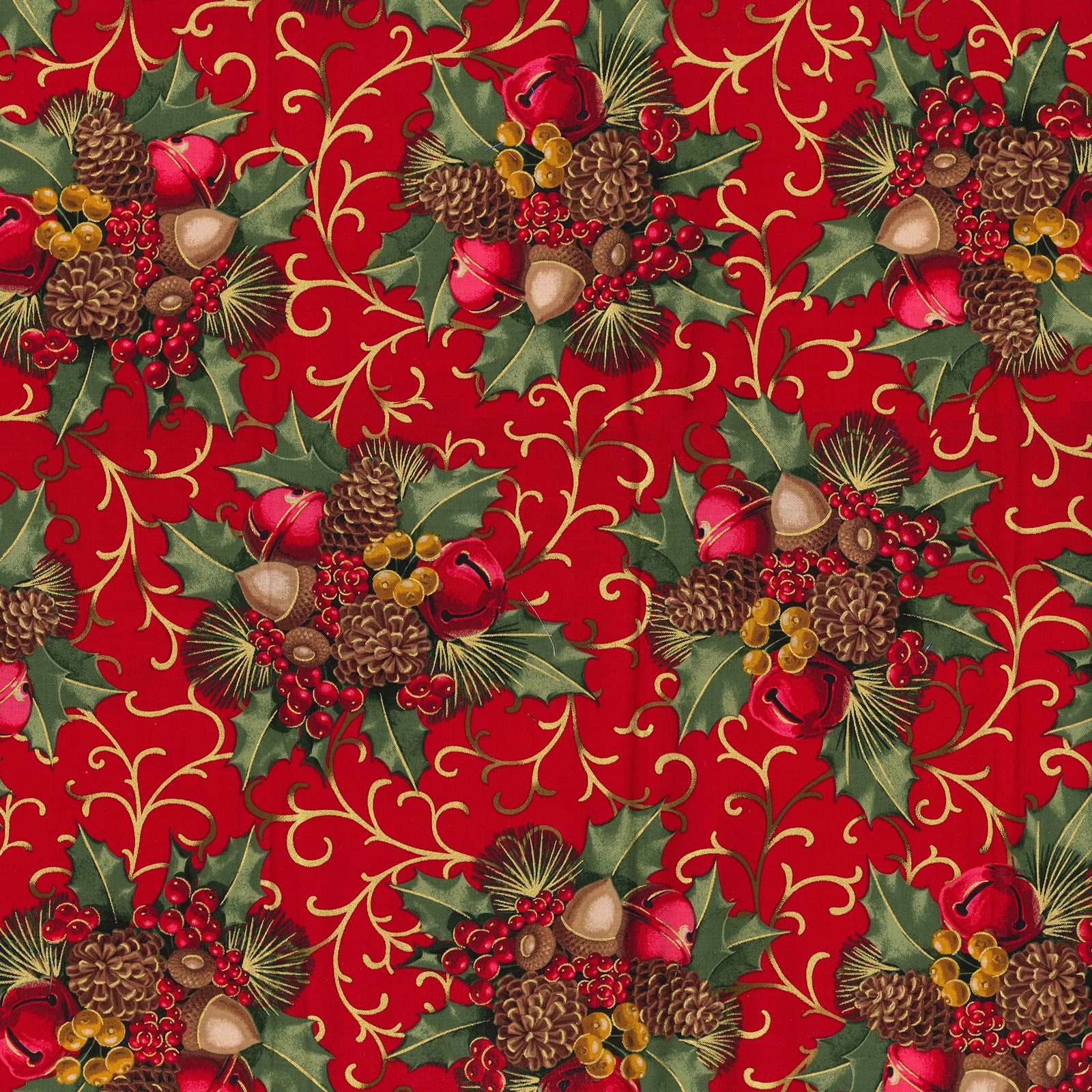 Fabric Traditions Christmas Red Glitter Berries & Bells Cotton Fabric
