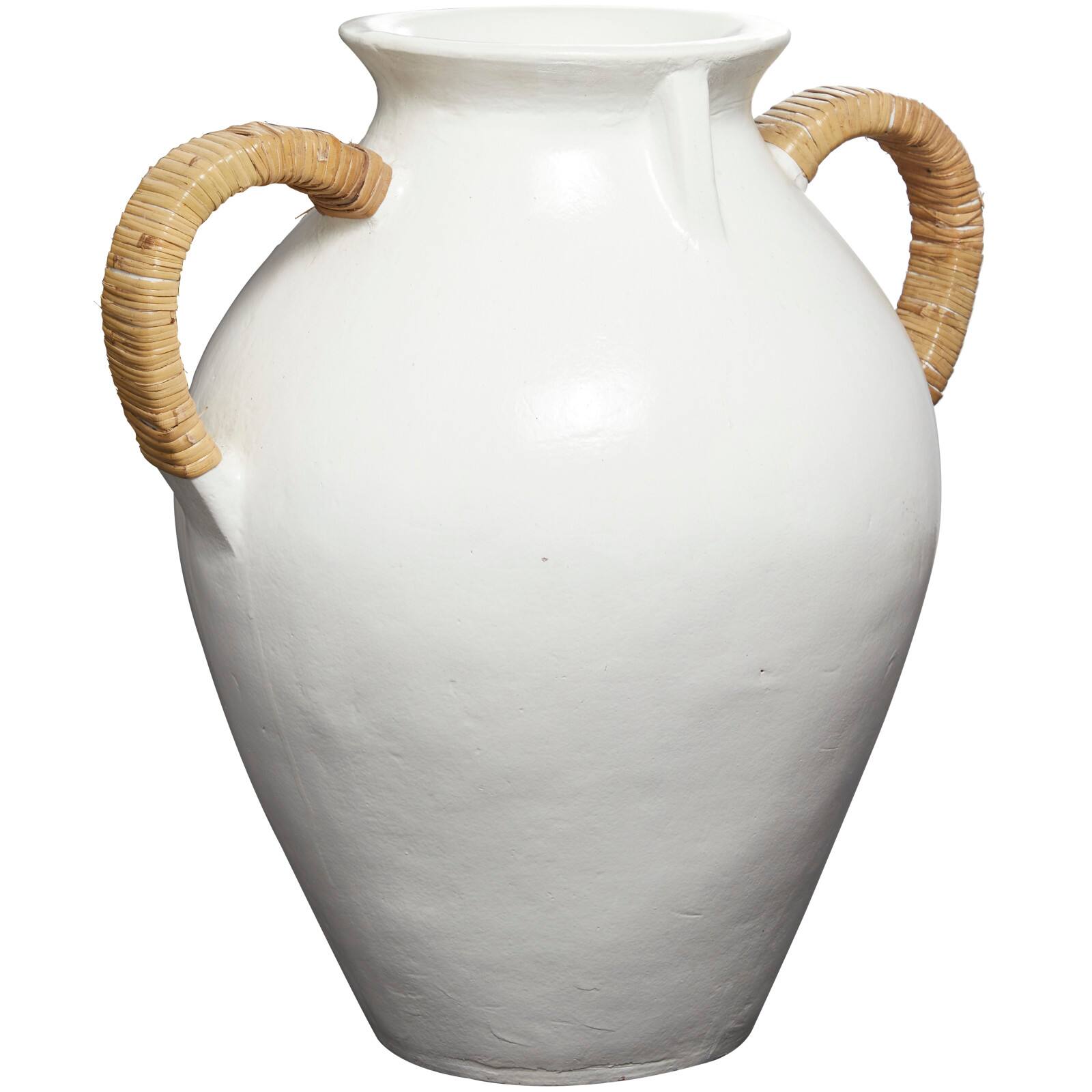 19" White Ceramic Jug Inspired Vase with Rattan Wrapped Handles