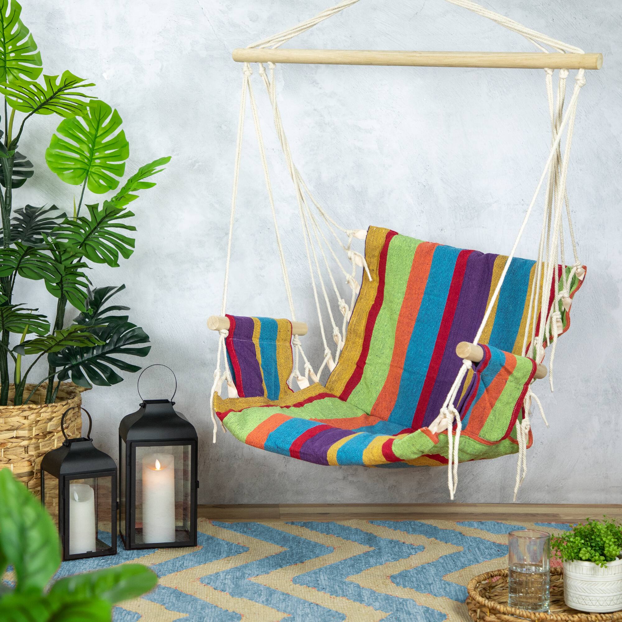 37&#x22; Multicolor Stripe Outdoor Patio Hammock Chair with Armrests