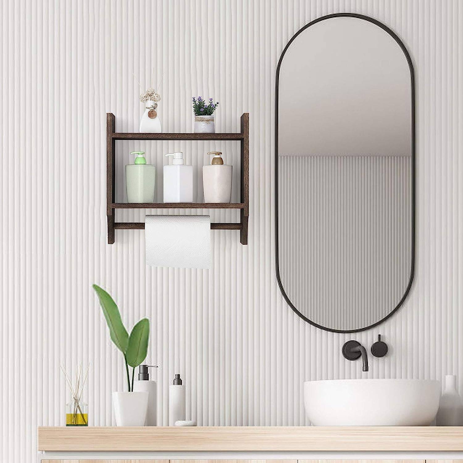 2-Tier Wood Wall Mounted Bathroom Shelf with Towel Rack