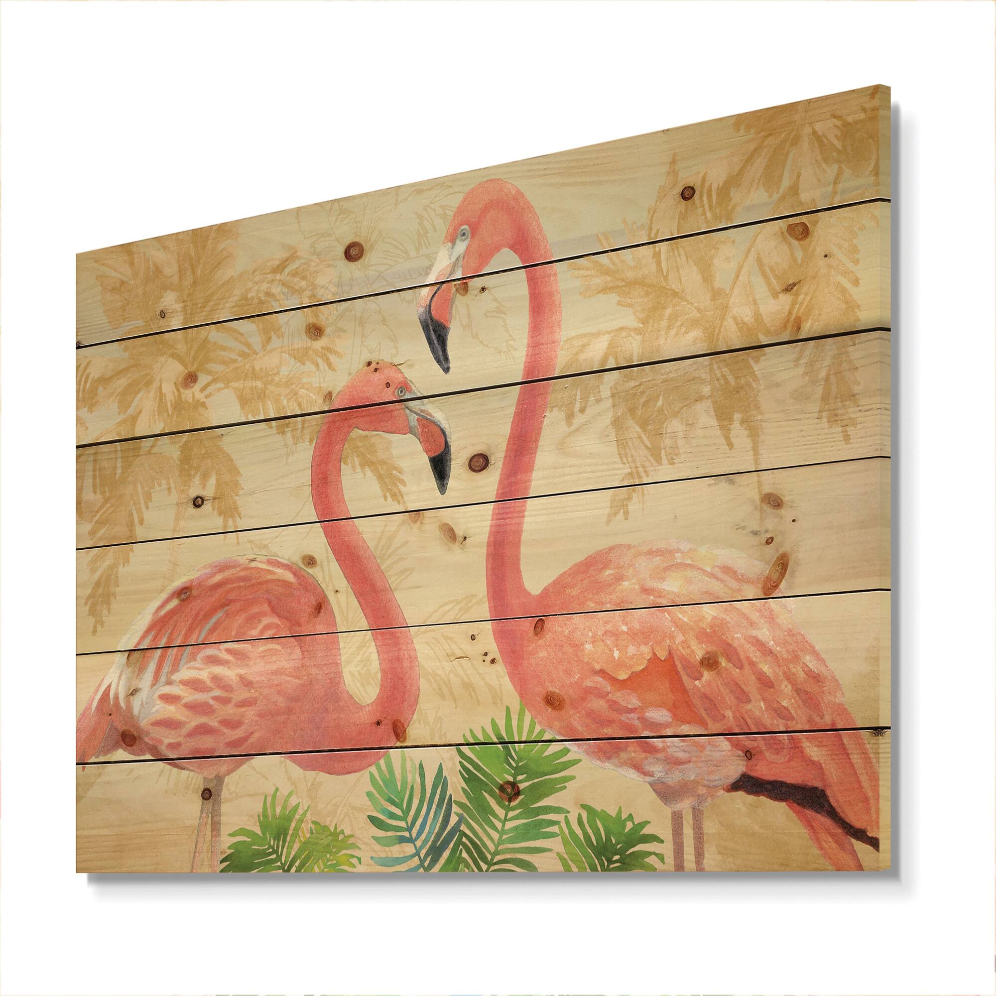 Designart - Gold Glam Flamingos - Animals Print on Natural Pine Wood
