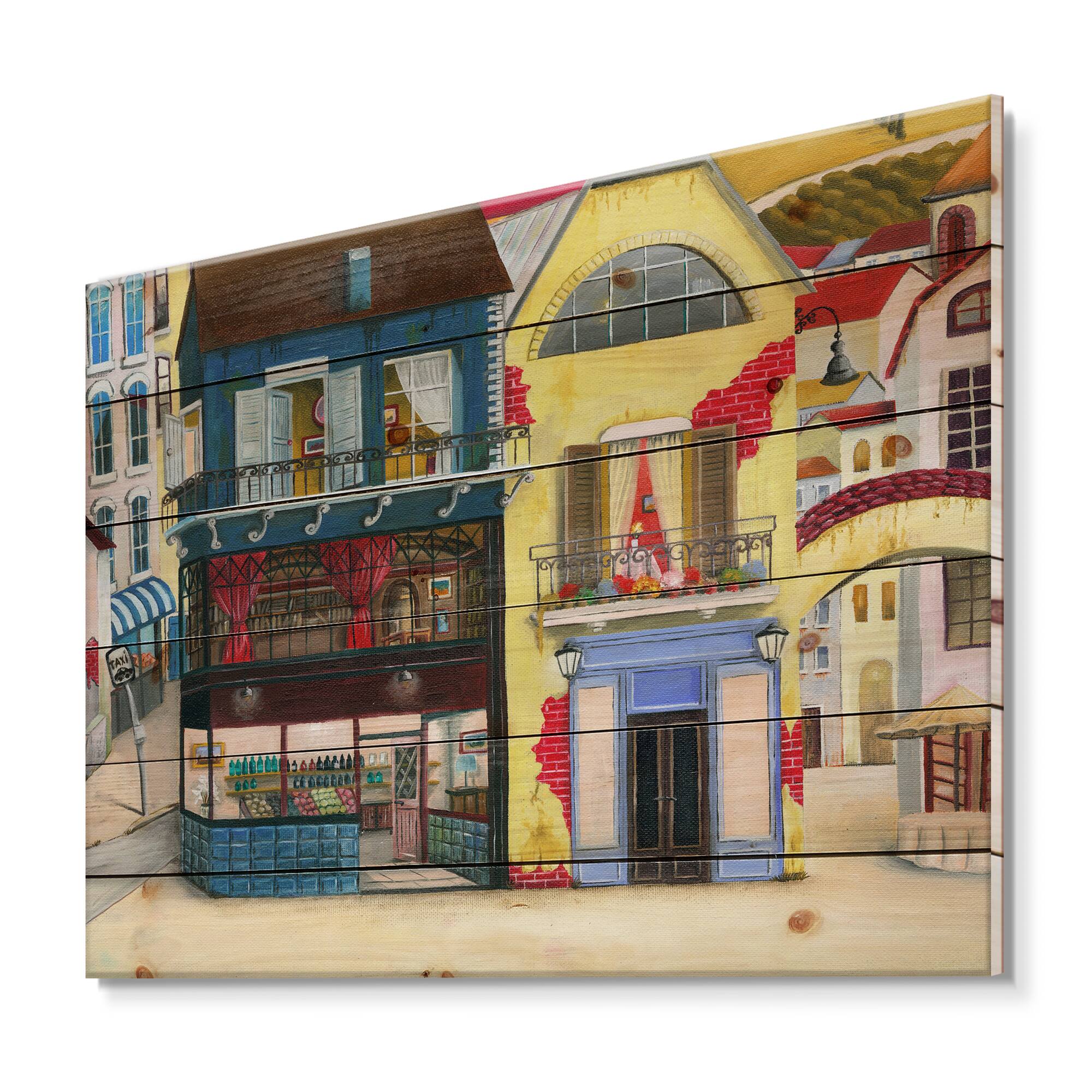 Designart - The Facade of The Buildings In A Cozy Streets - French Country Print on Natural Pine Wood