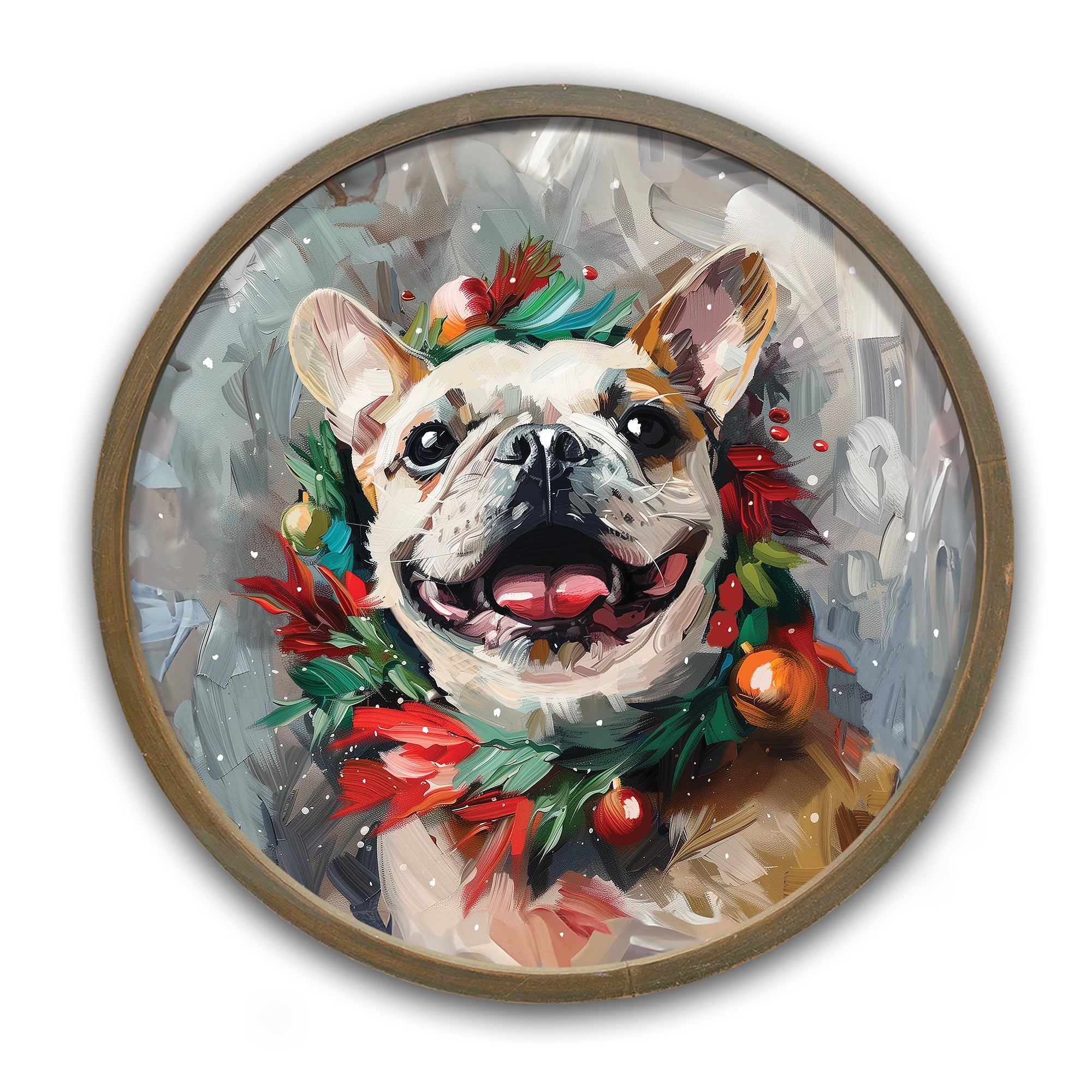 Painterly Holiday Frenchie 20" x 20" Round Brown Framed Print
