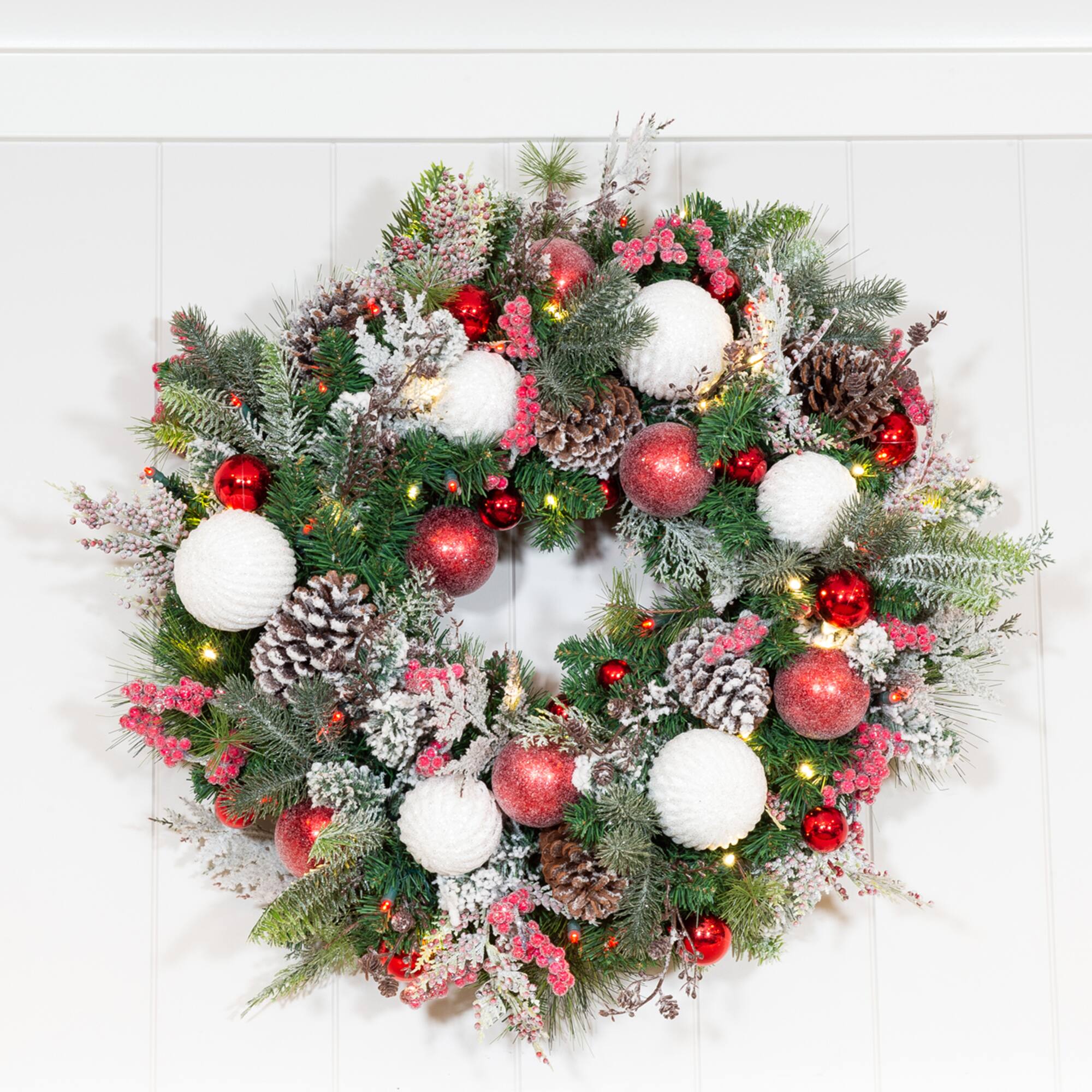 Village Lighting 30&#x22; Pre-Lit Frosted Wonderland Christmas Wreath, Red &#x26; Clear LED Lights