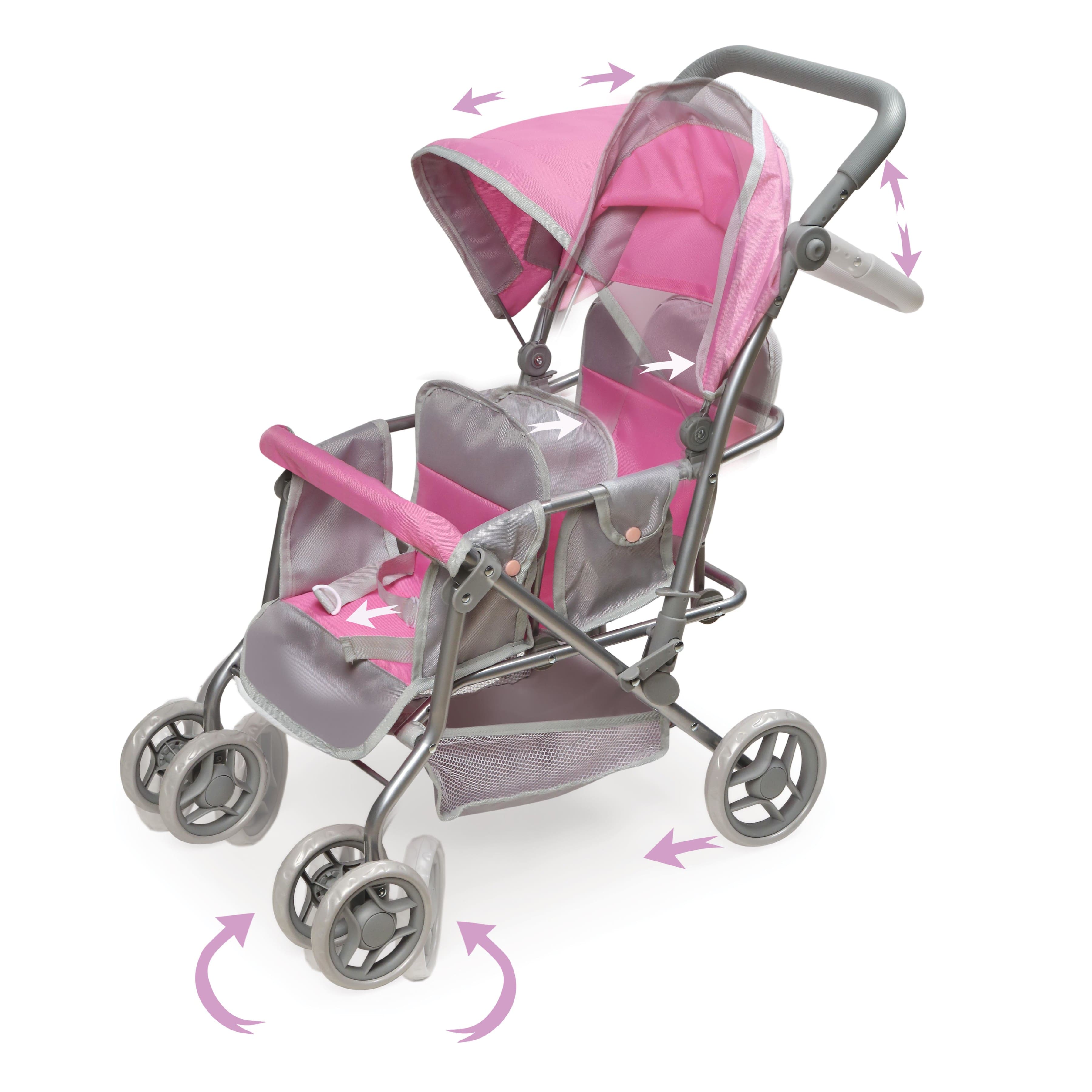 Badger Basket Gray &#x26; Pink Cruise Folding Inline Double Doll Stroller