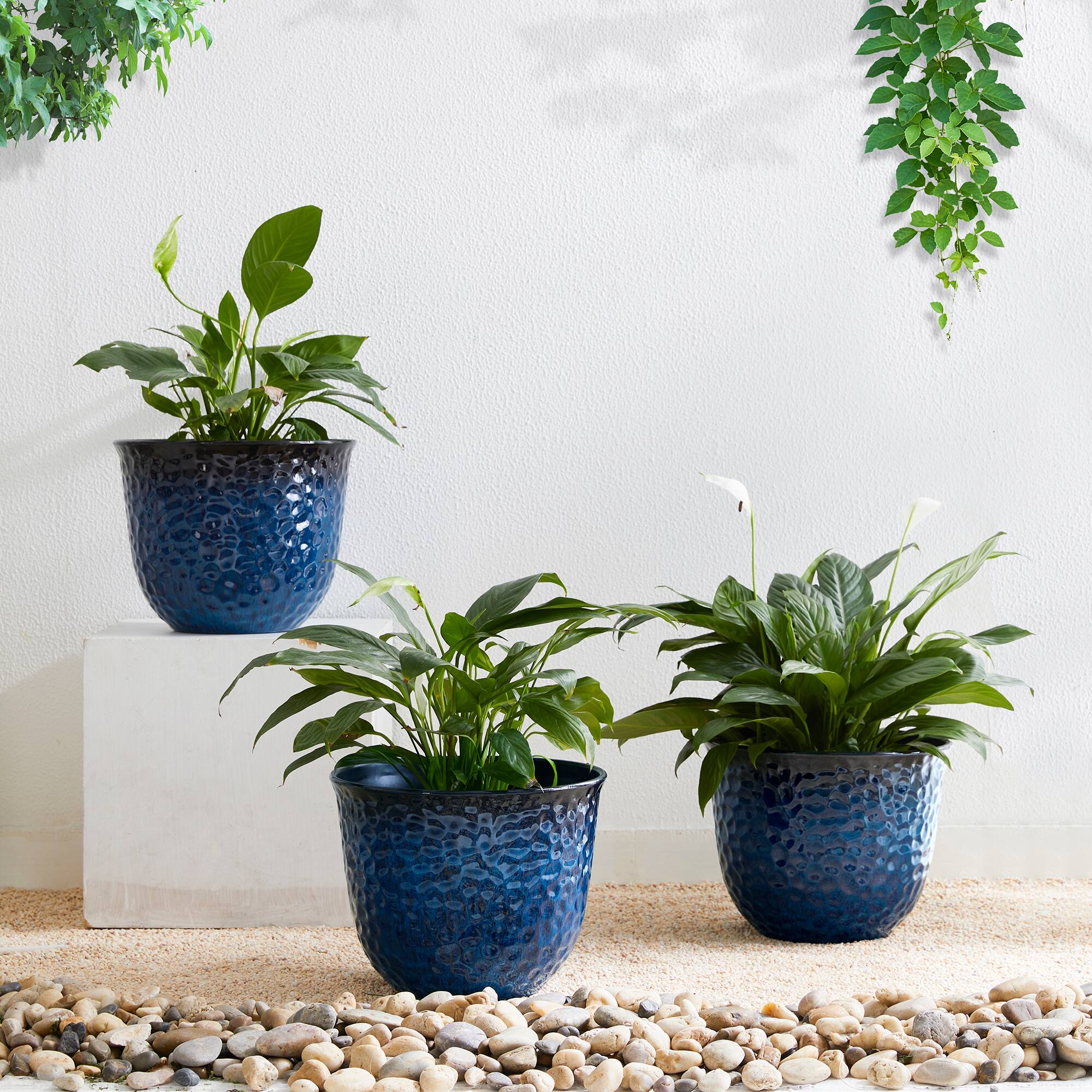 Glitzhome® 11.75" Honeycomb Textured Cobalt Blue Faux Ceramic Plastic Planters, 3ct.