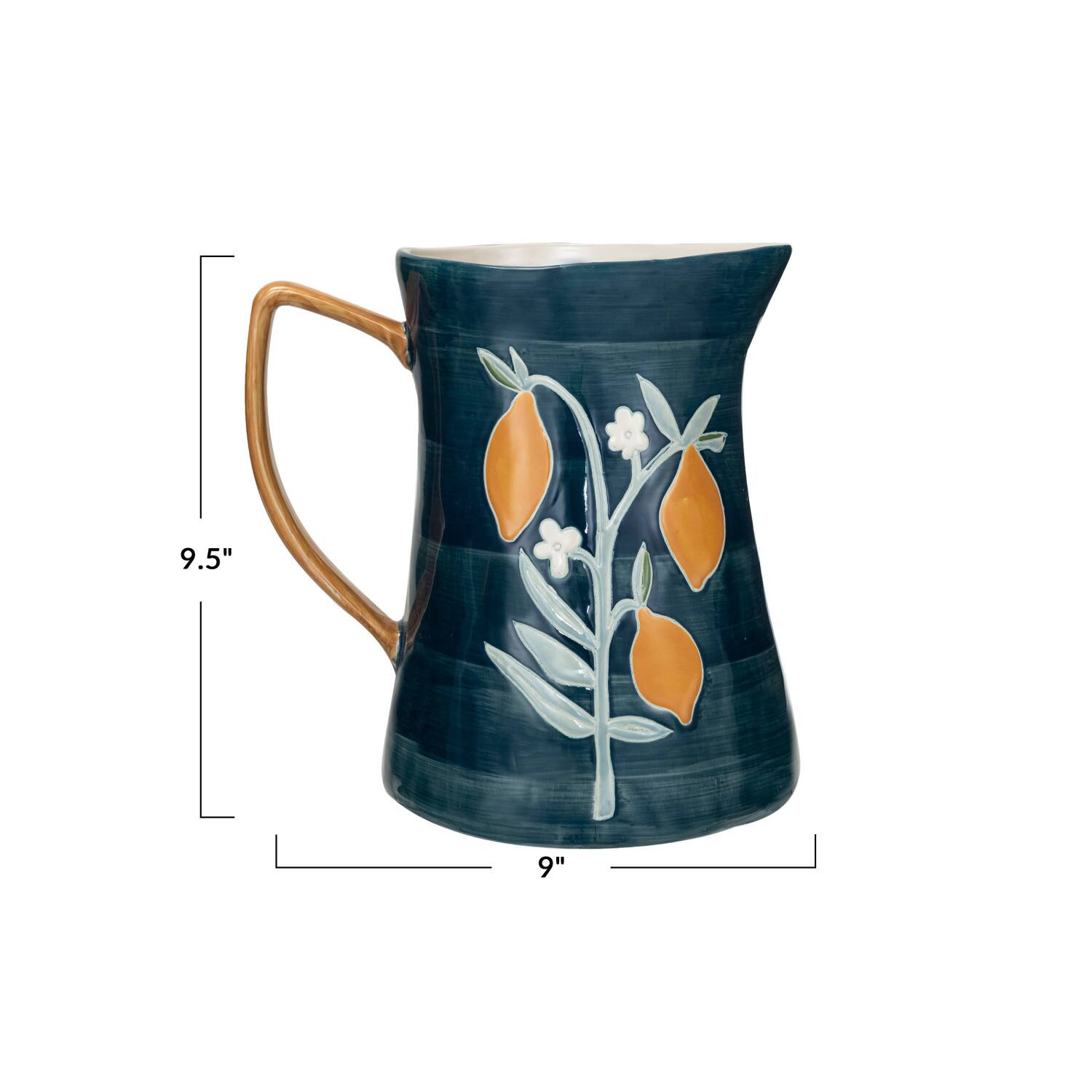 9.5&#x22; Hand-Painted Multicolor Wax Relief Flowers Stoneware Pitcher