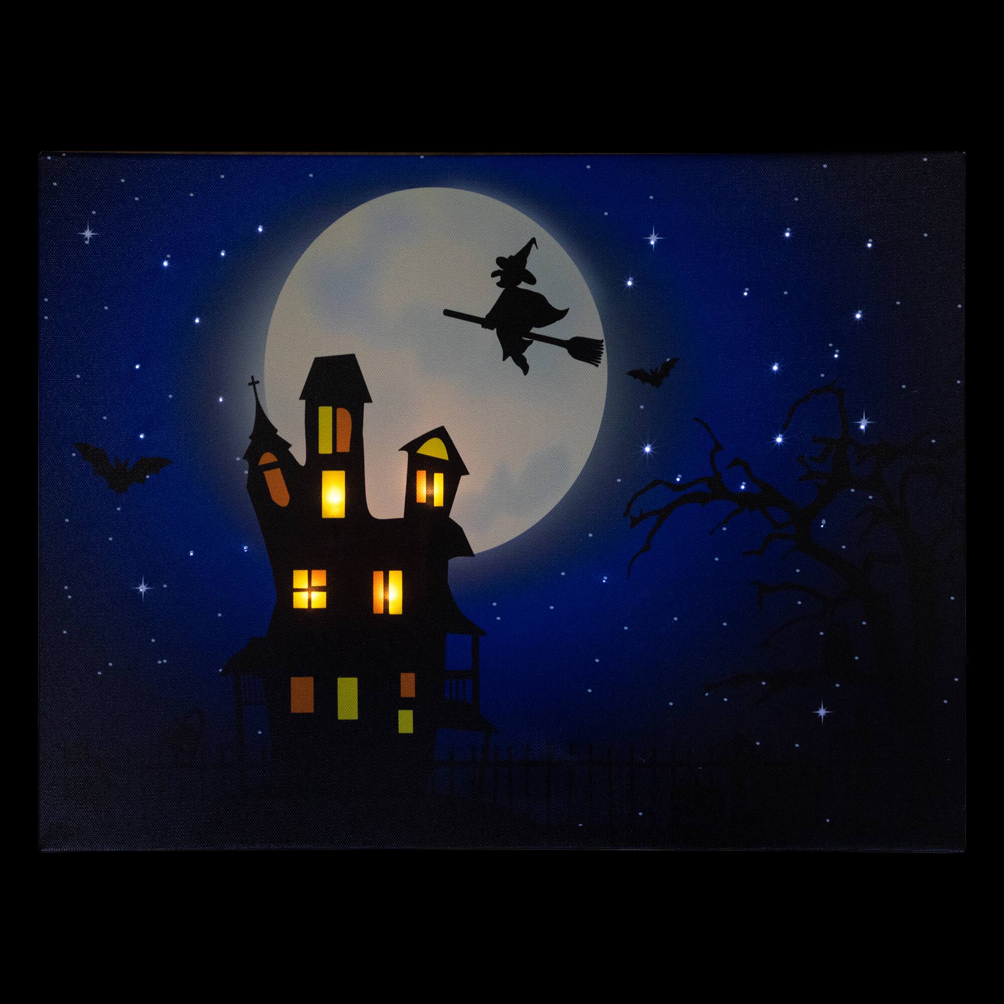 LED Lighted Witch in the Moon Halloween Canvas Wall Art