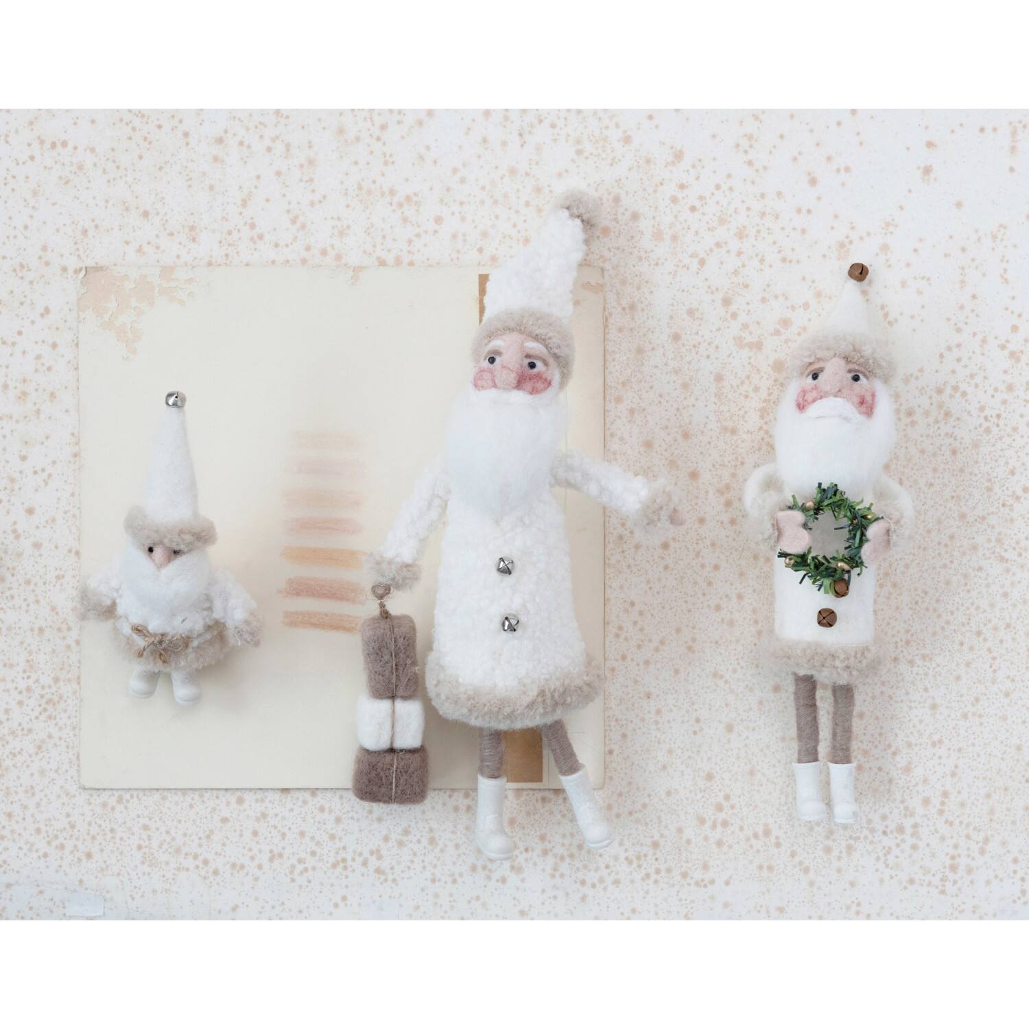 Hello Honey® 11" Cream Wool Felt Santa with Jingle Bell Buttons & Wreath