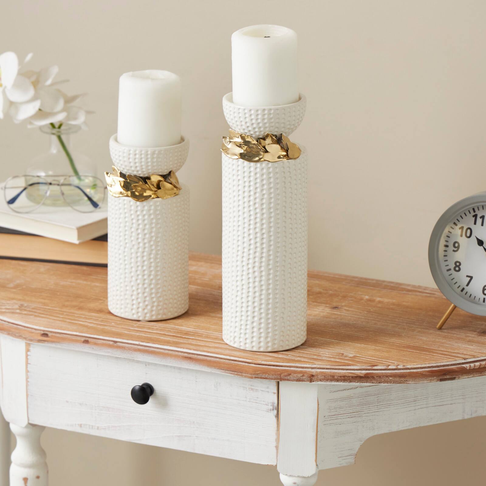 White Abstract Spotted Ceramic Pillar Candle Holder Set with Gold Leaf Accents