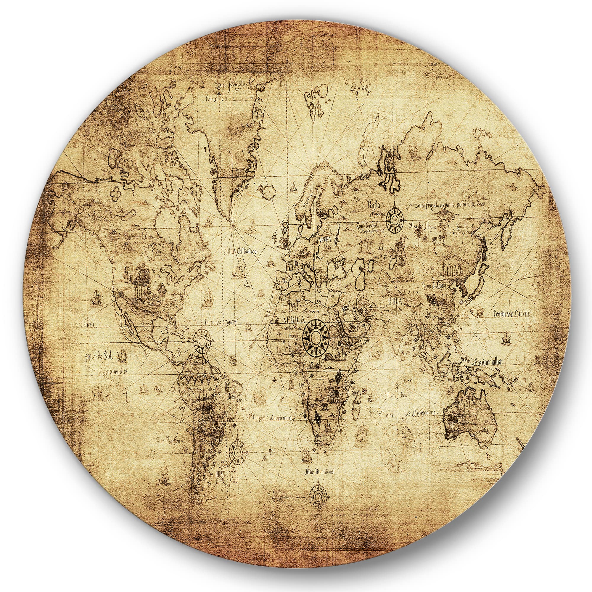 Designart - Ancient Map of The World IV - Vintage Metal Circle Wall Art