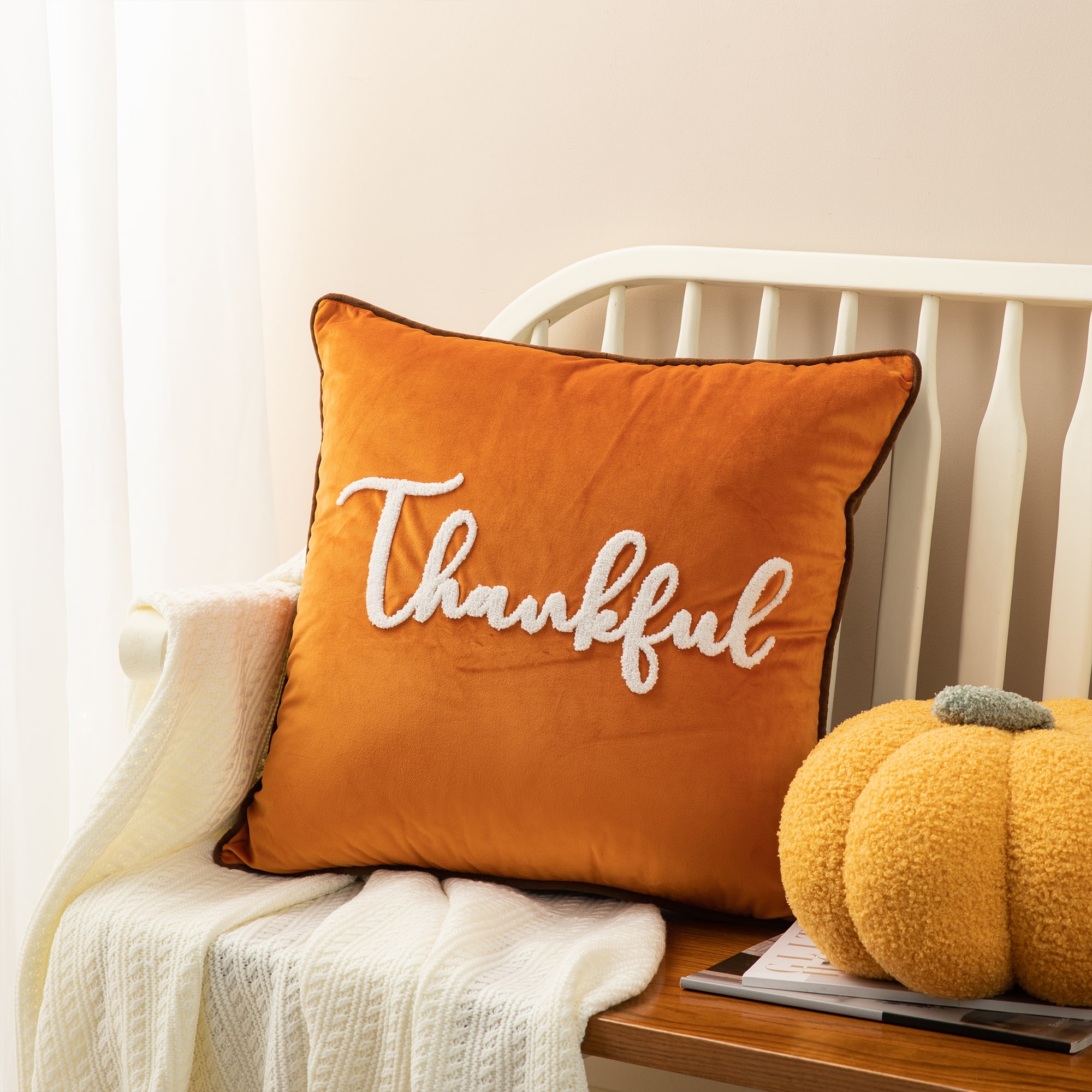 Glitzhome&#xAE; Orange Velvet Thankful Pillow Cover
