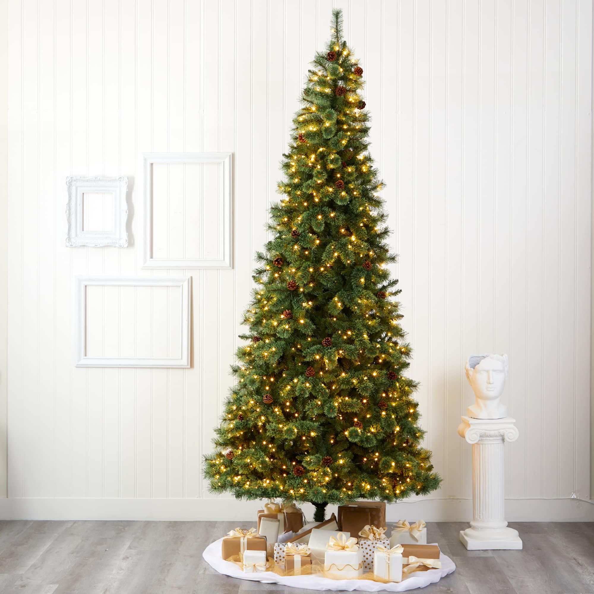 10ft. Pre-Lit White Mountain Pine &#x26; Pinecones Artificial Christmas Tree with Clear LED Lights