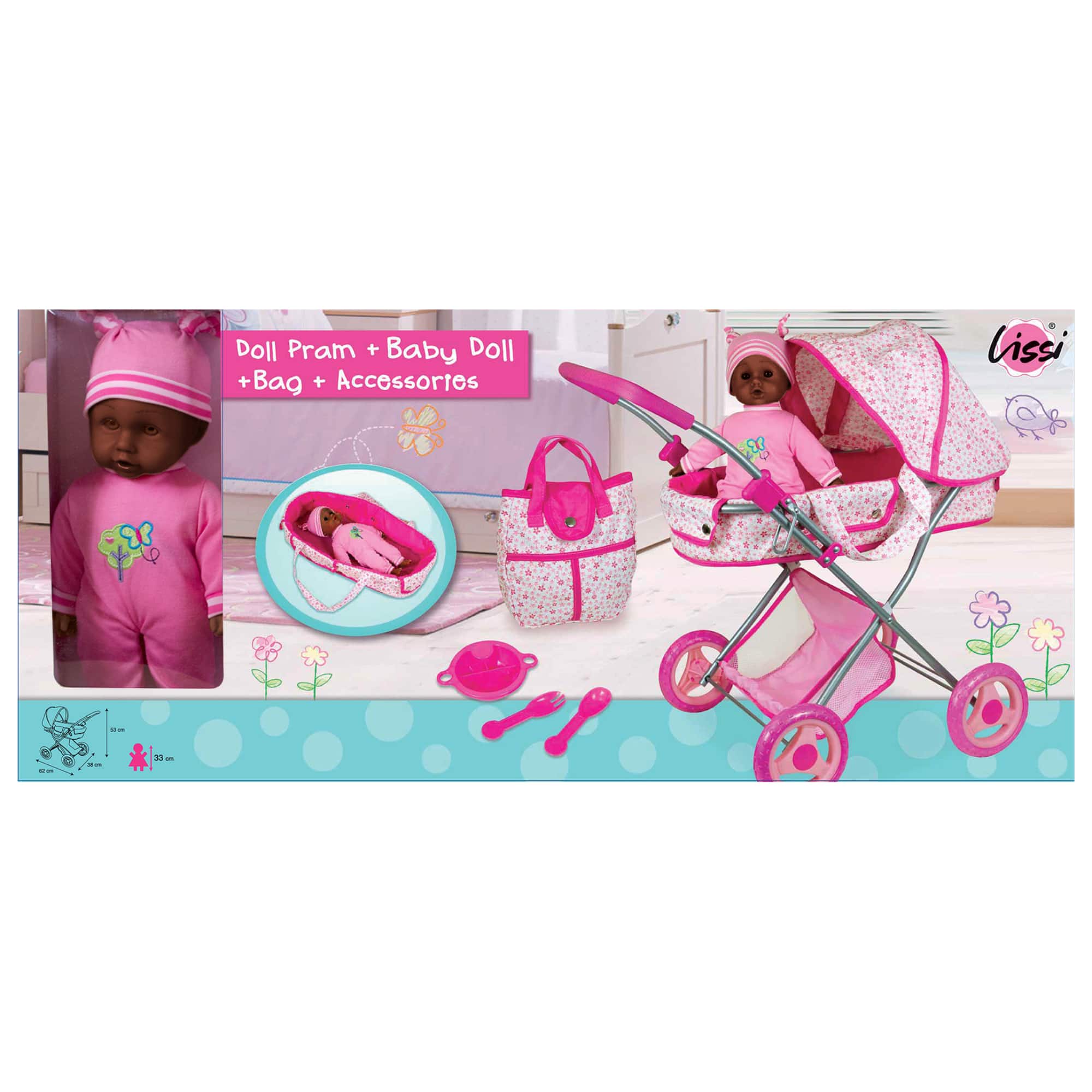 Lissi Dolls Deluxe Doll Pram with 13&#x22; African American Baby Doll