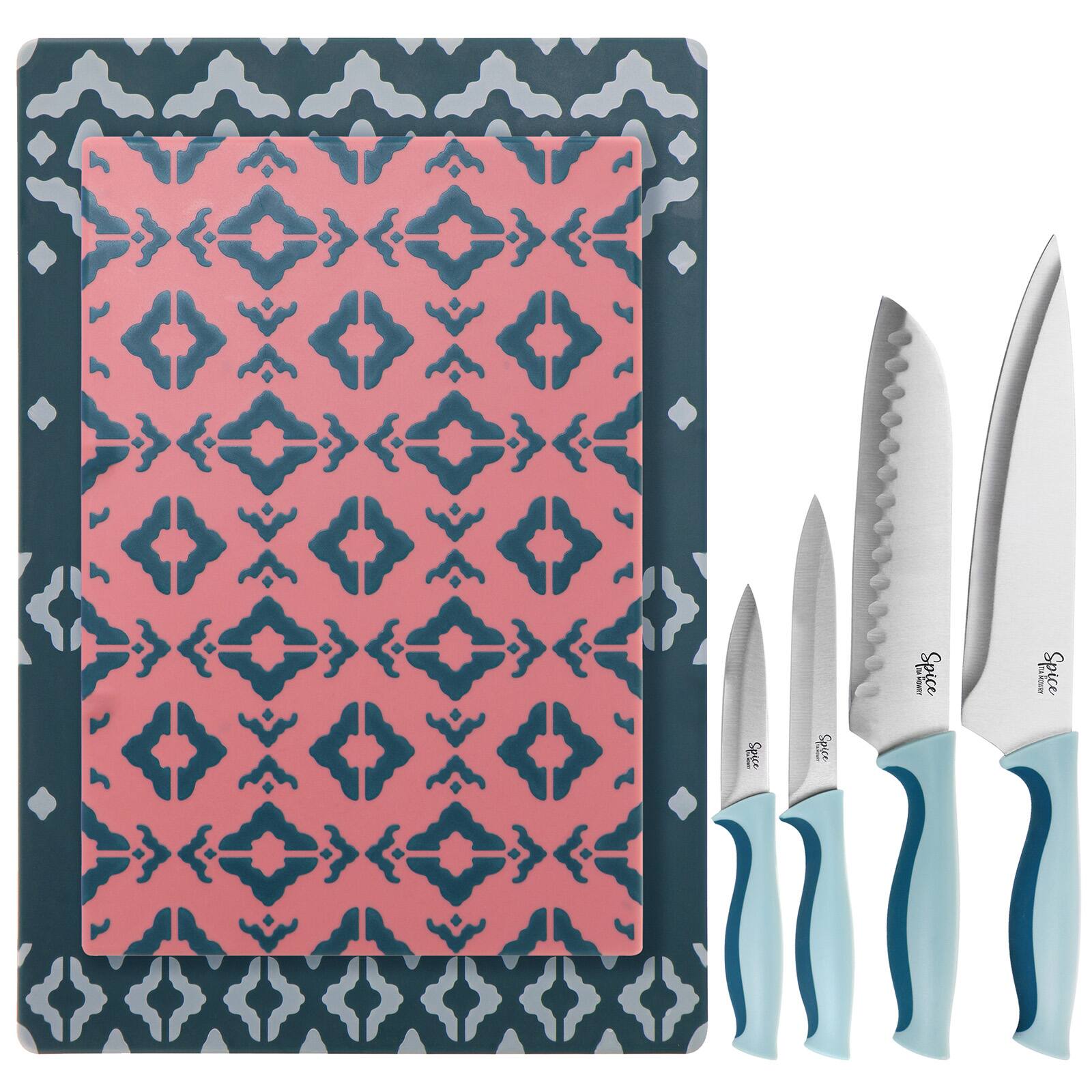 Spice by Tia Mowry Savory Saffron Blue &#x26; Pink 10 Piece Knife and Cutting Board Cutlery Set