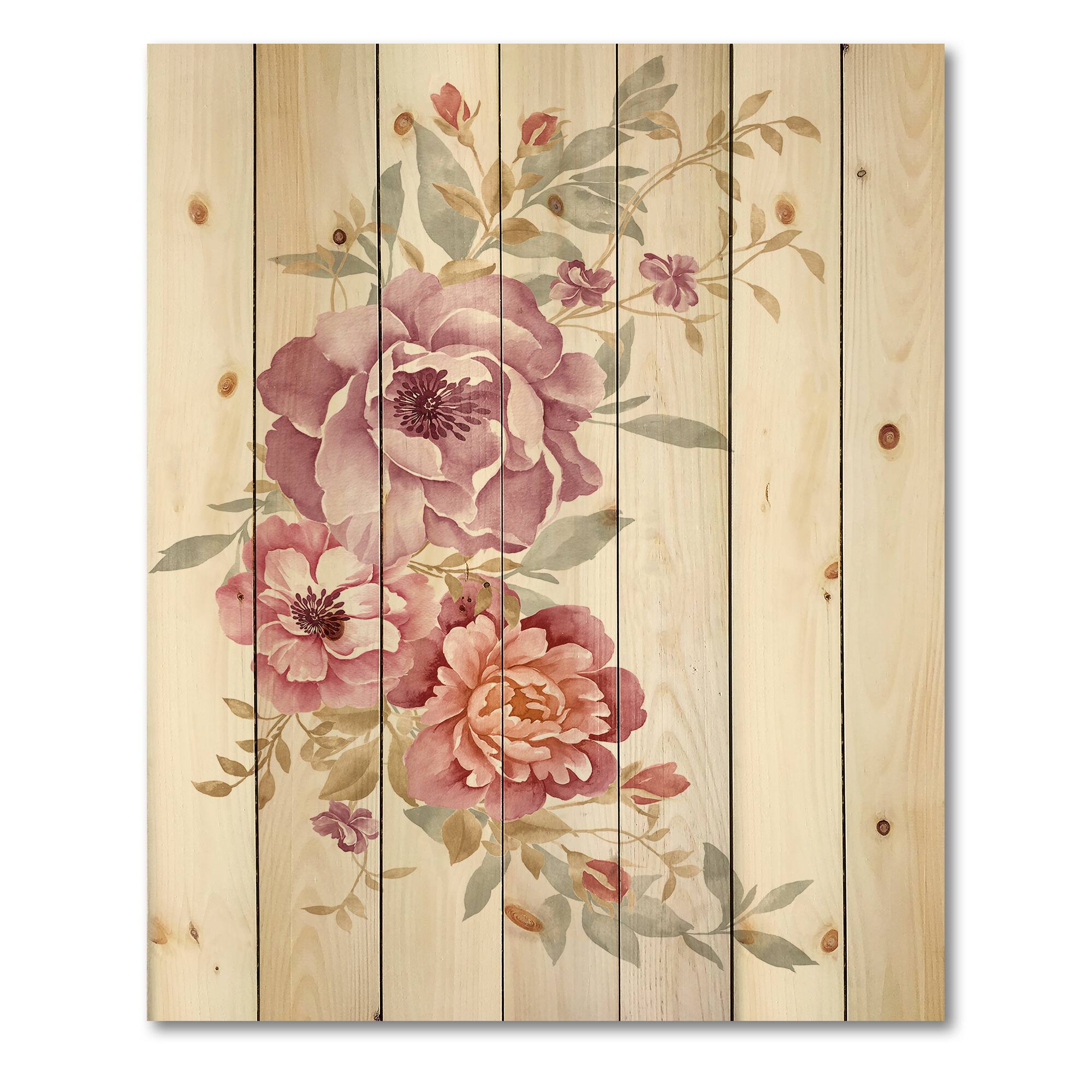 Designart - Bouquet Of Pink and Purple Flowers III - Farmhouse Print on Natural Pine Wood