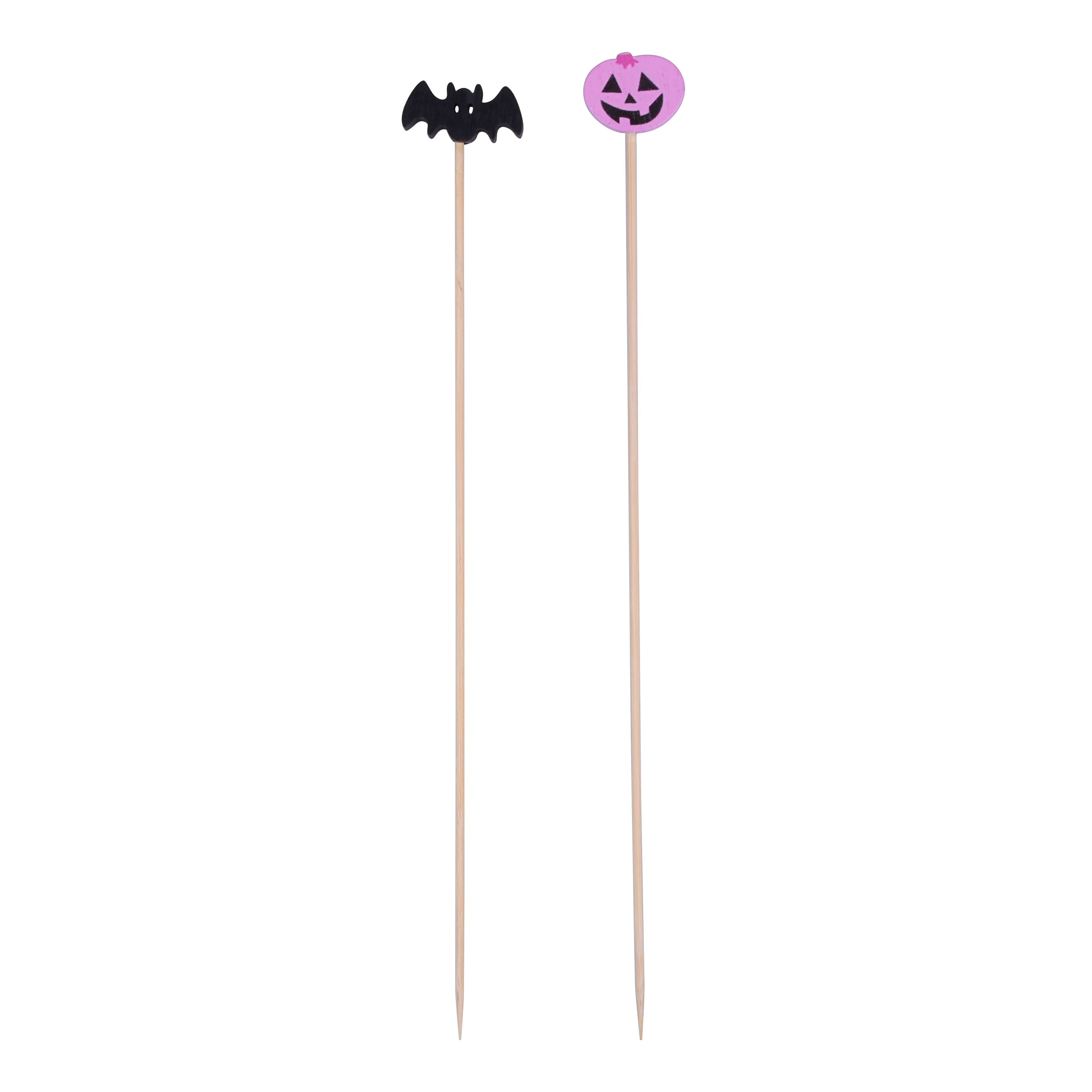7&#x22; Black Bat &#x26; Pink Jack-o&#x27;-Lantern Wood Skewers, 12ct. by Makery&#x2122;